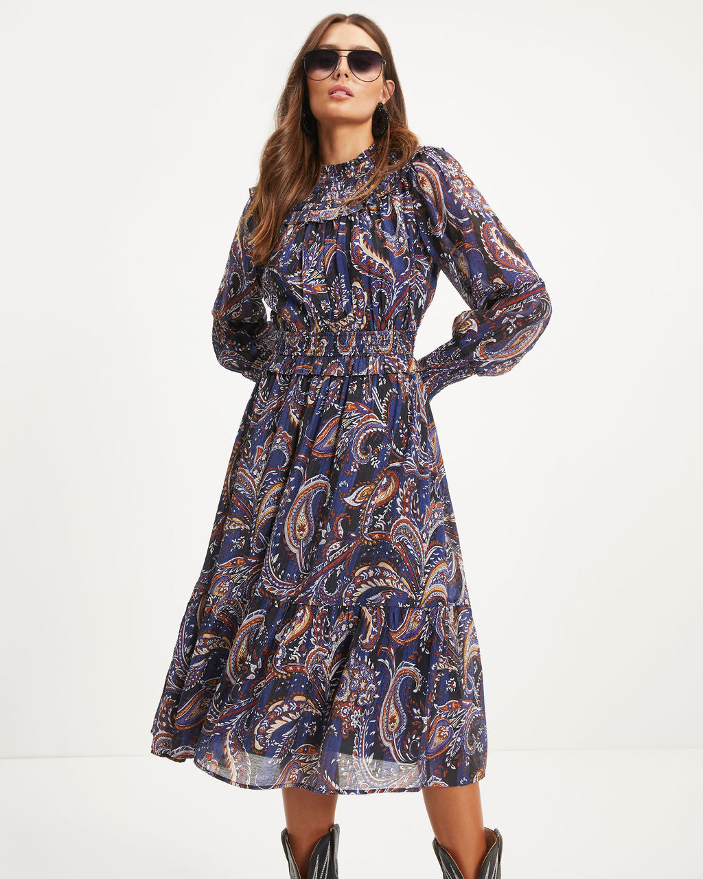 Renn Paisley Ruffle Smocked Midi Dress