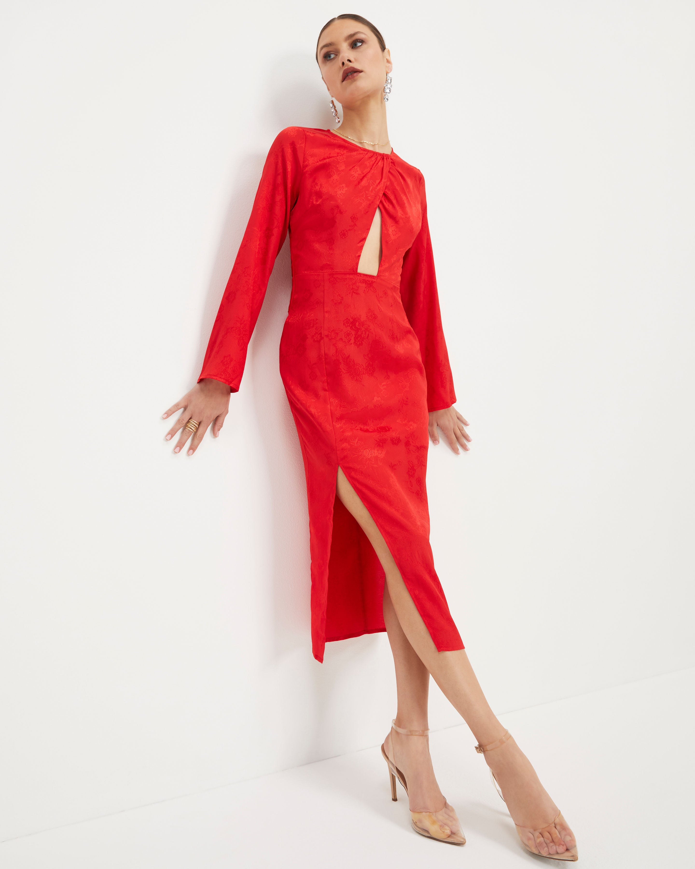 Divine Rights Satin Floral Cutout Midi Dress - Red