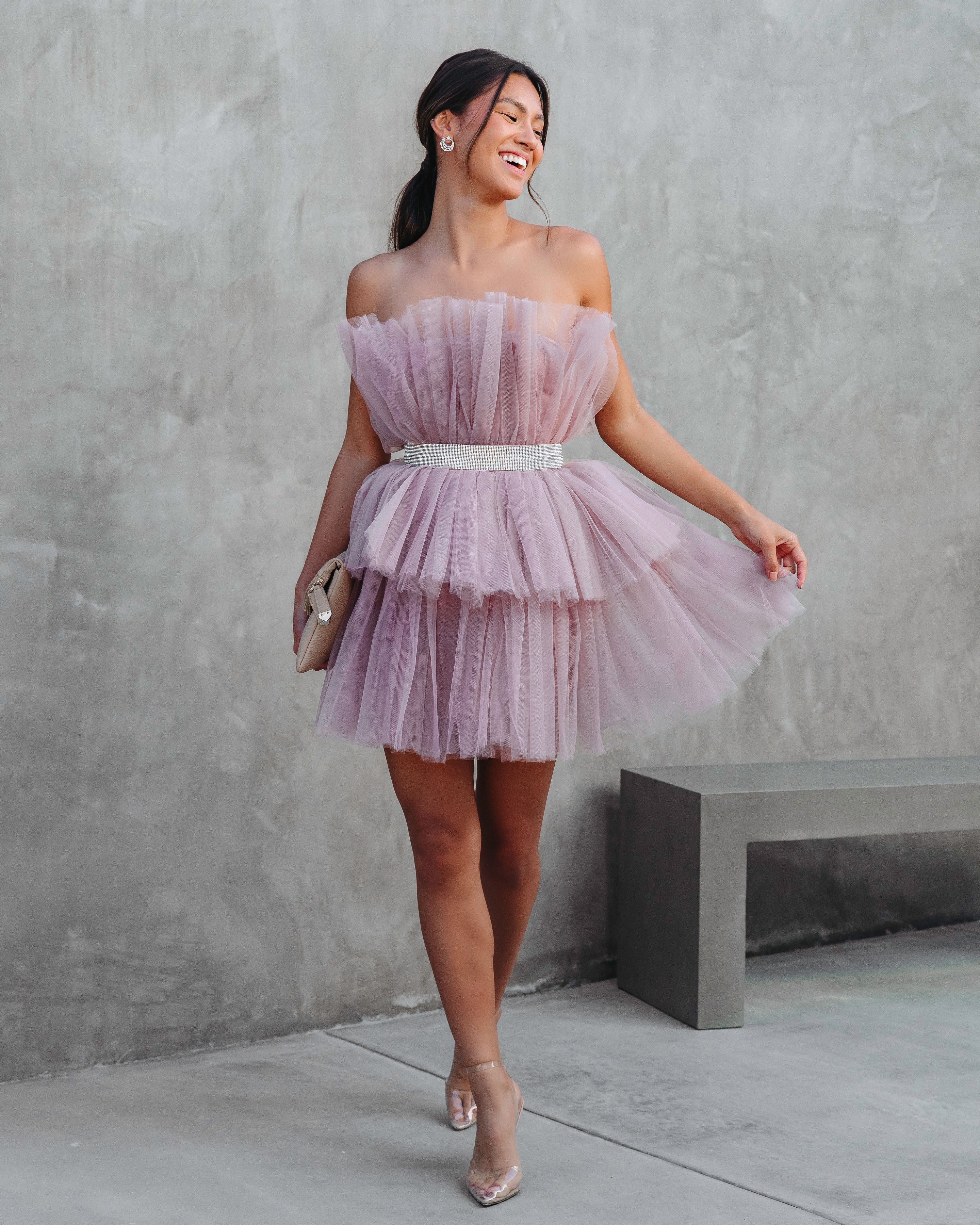 Beauty Queen Strapless Tiered Tulle Embellished Mini Dress - Dusty Lavender