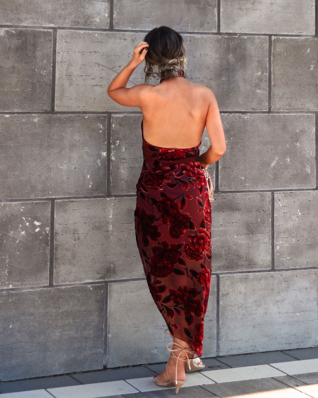 Like Fine Wine Asymmetrical Halter Burnout Velvet Midi Dress - Burgundy