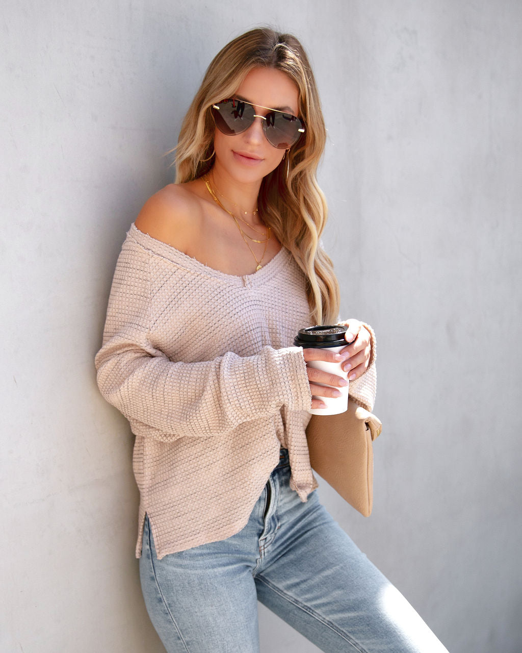 Kylie Waffle Knit Frayed Long Sleeve Top - Oatmeal - SALE