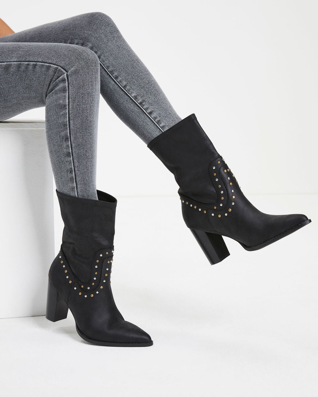 Dina Studded Faux Leather Heeled Boot - Black