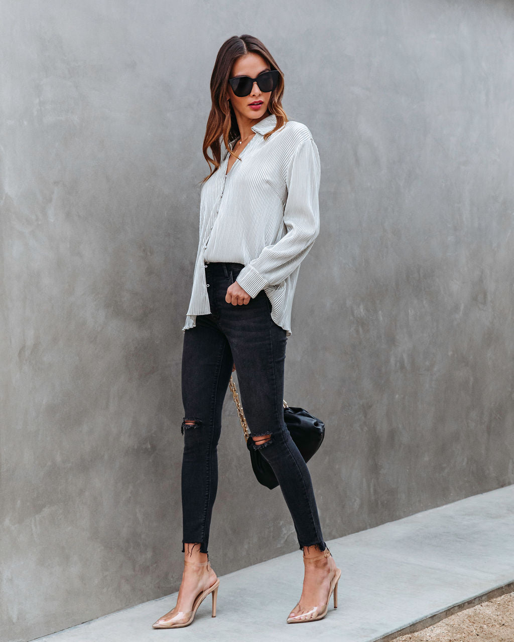 Center Piece Metallic Plisse Button Down Top - Silver