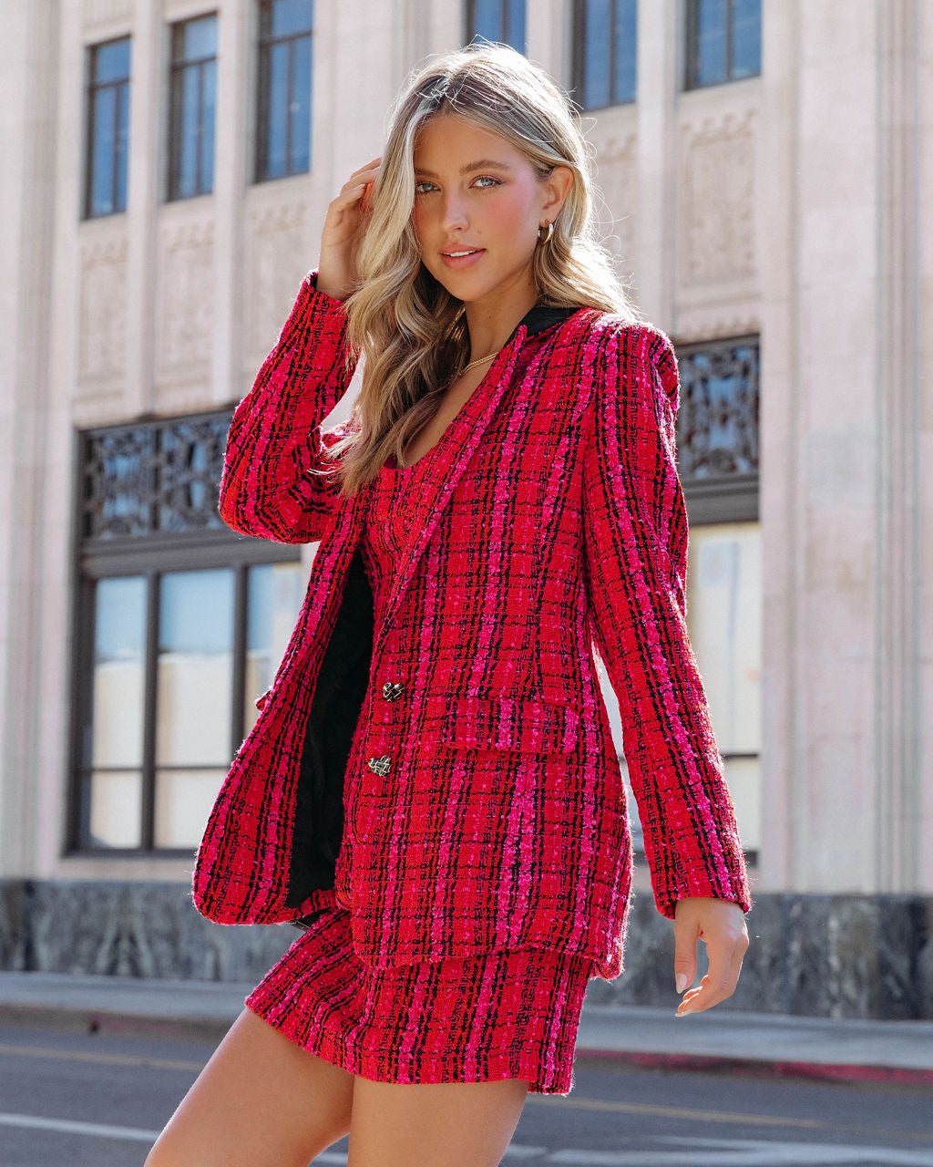 Just Like Me Tweed Pocketed Plaid Blazer