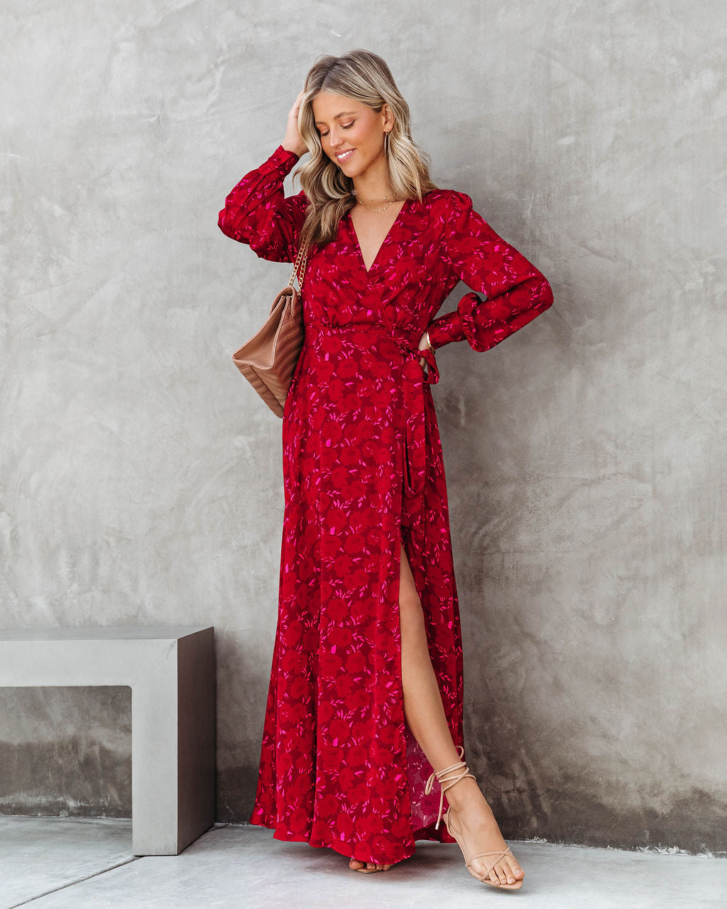 Lucia Satin Floral Wrap Maxi Dress - Red
