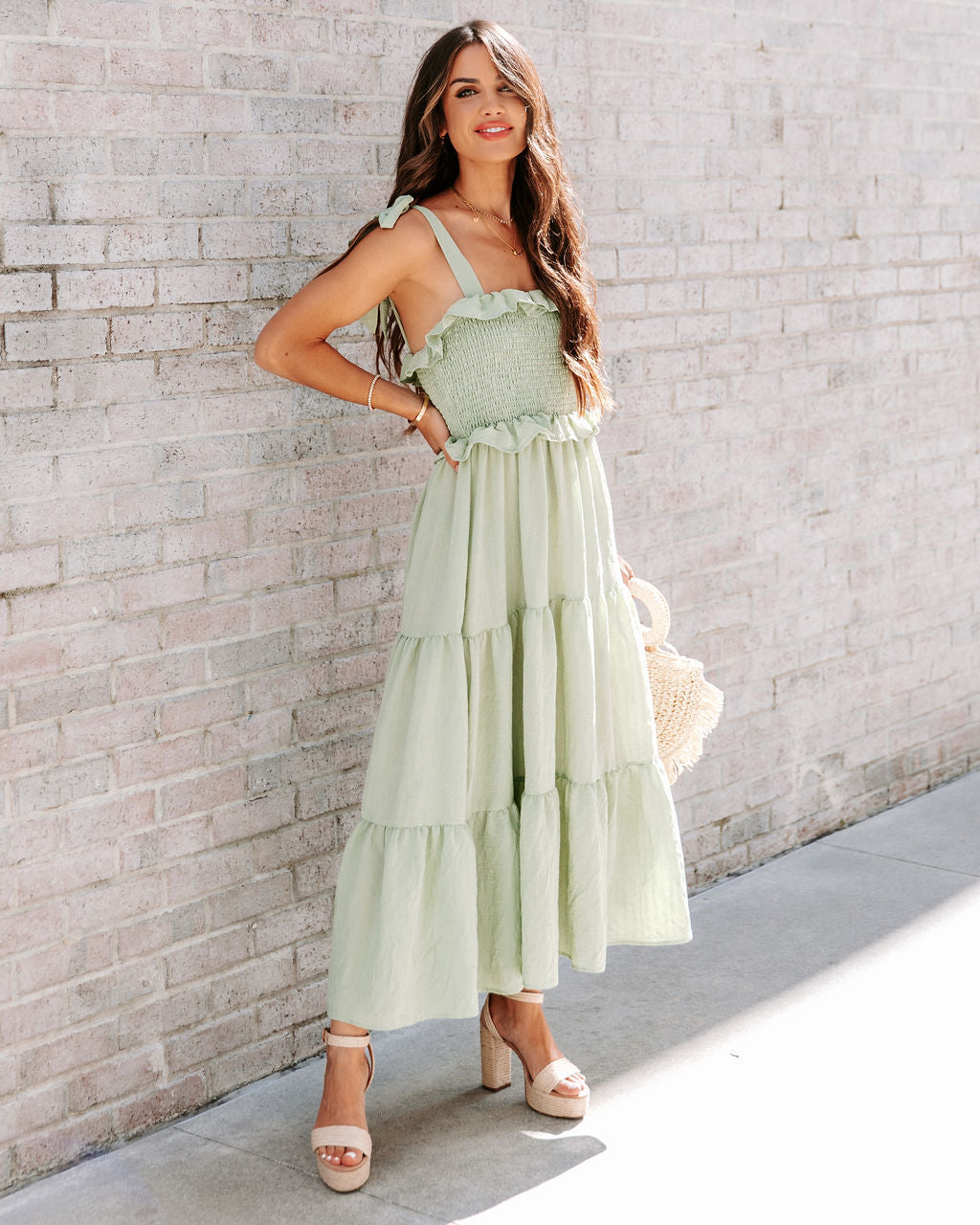 Lilibeth Smocked Tiered Midi Dress - Sage - SALE
