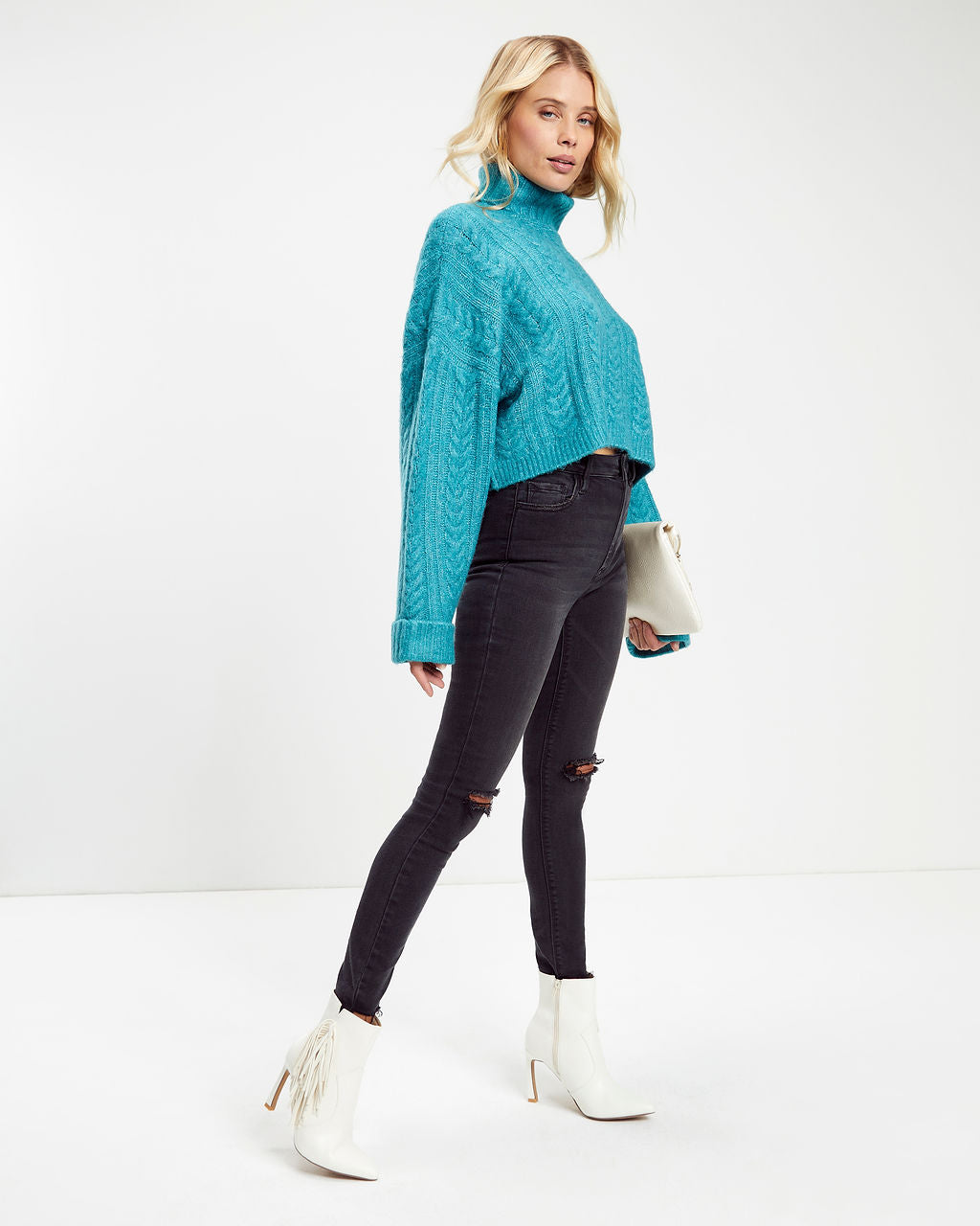 Georgie Cable Knit Turtleneck Pullover Sweater - Teal - SALE
