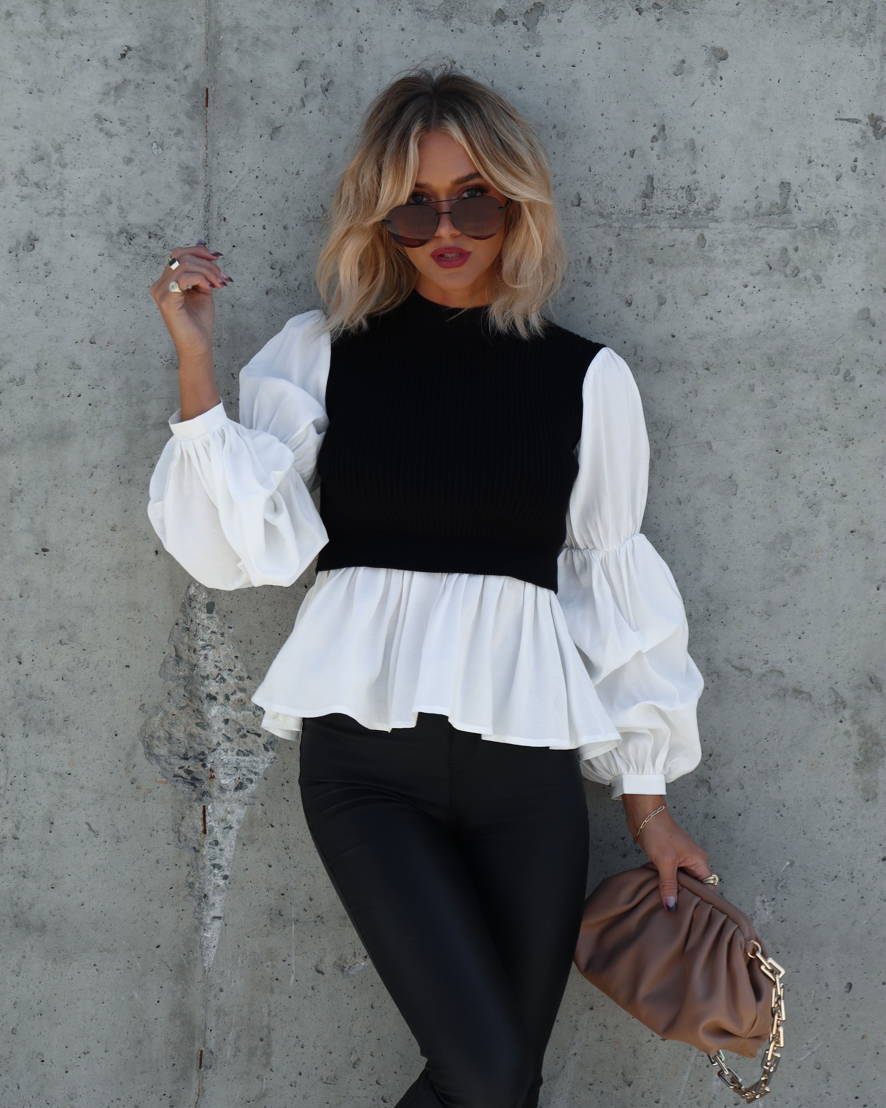All The Best Contrast Knit Puff Sleeve Top - Black