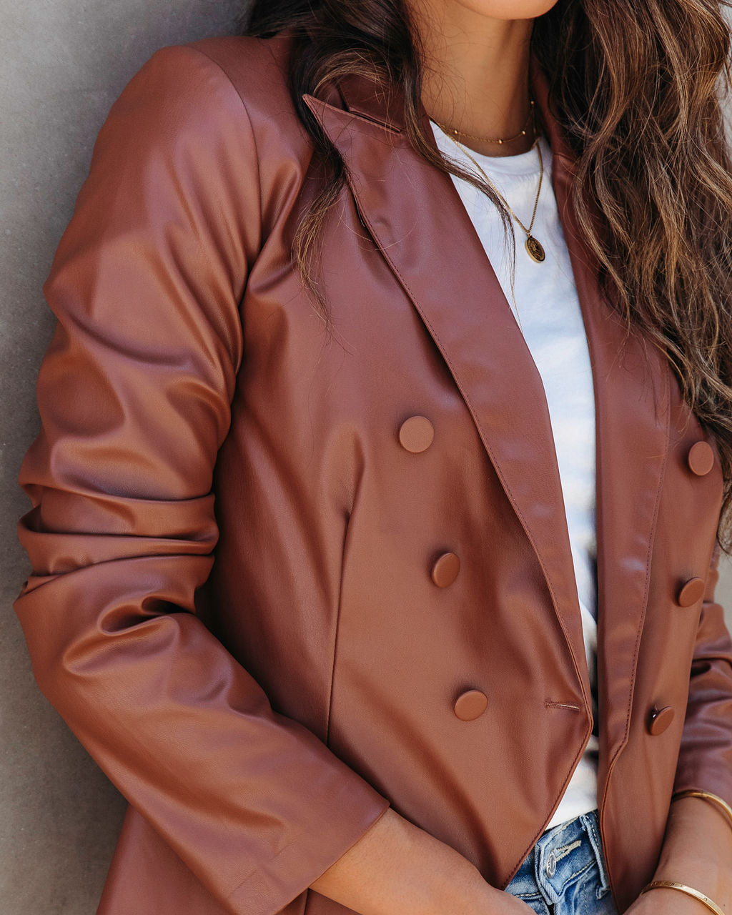 Angelique Faux Leather Blazer - Chestnut