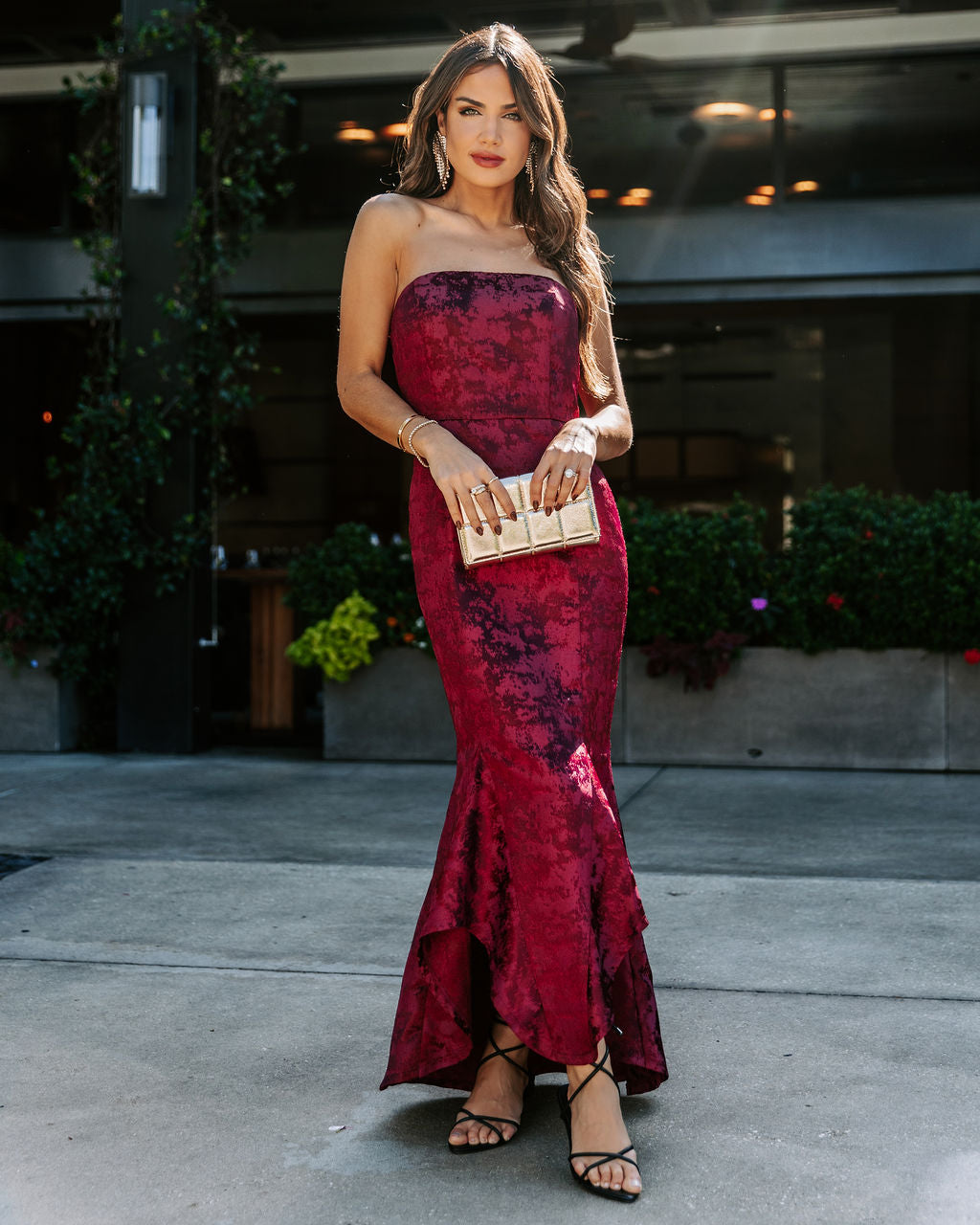 Elliana Strapless Embossed Ruffle Maxi Dress - Wine
