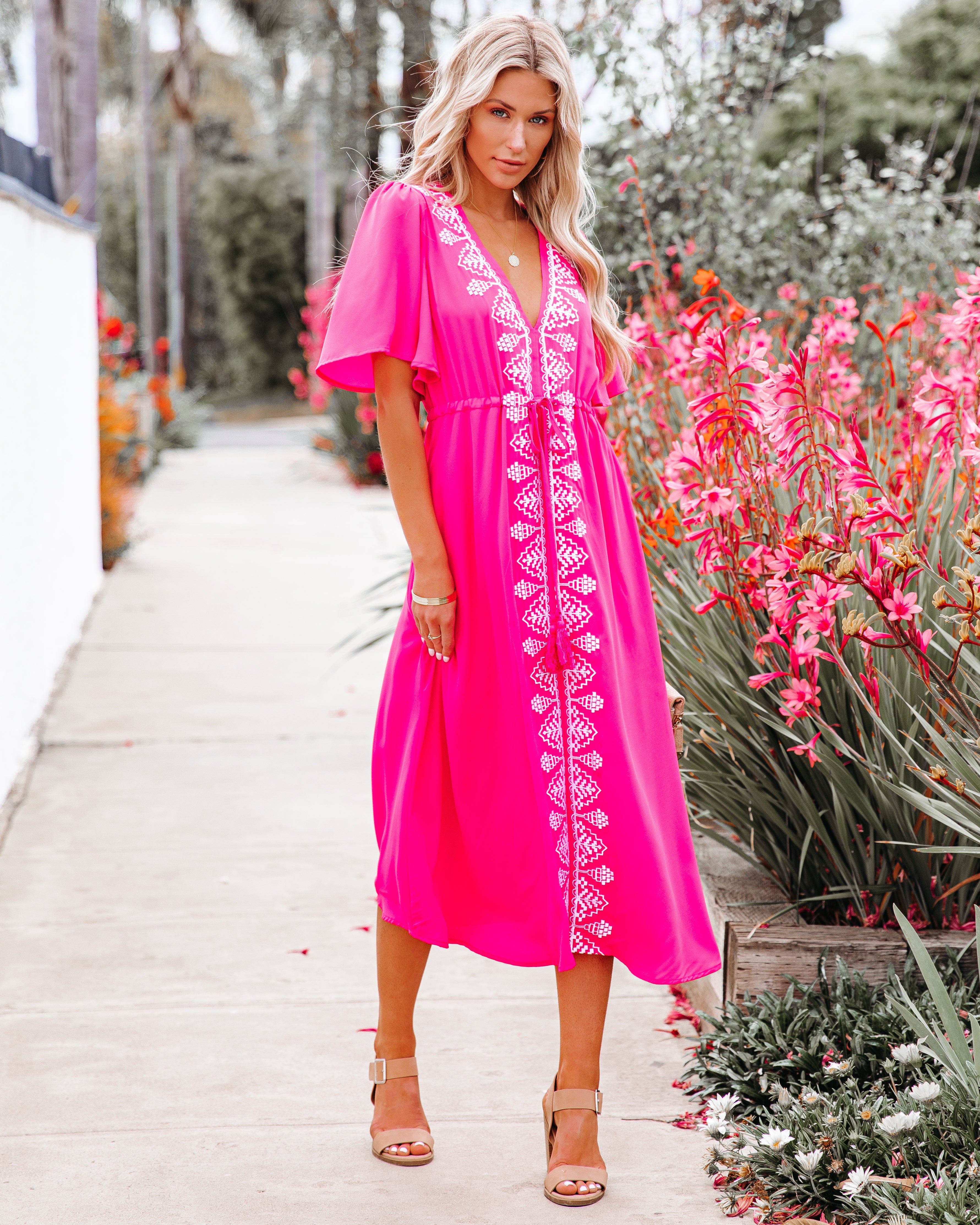 Presidio Embroidered Tassel Midi Dress - Fuchsia - FINAL SALE
