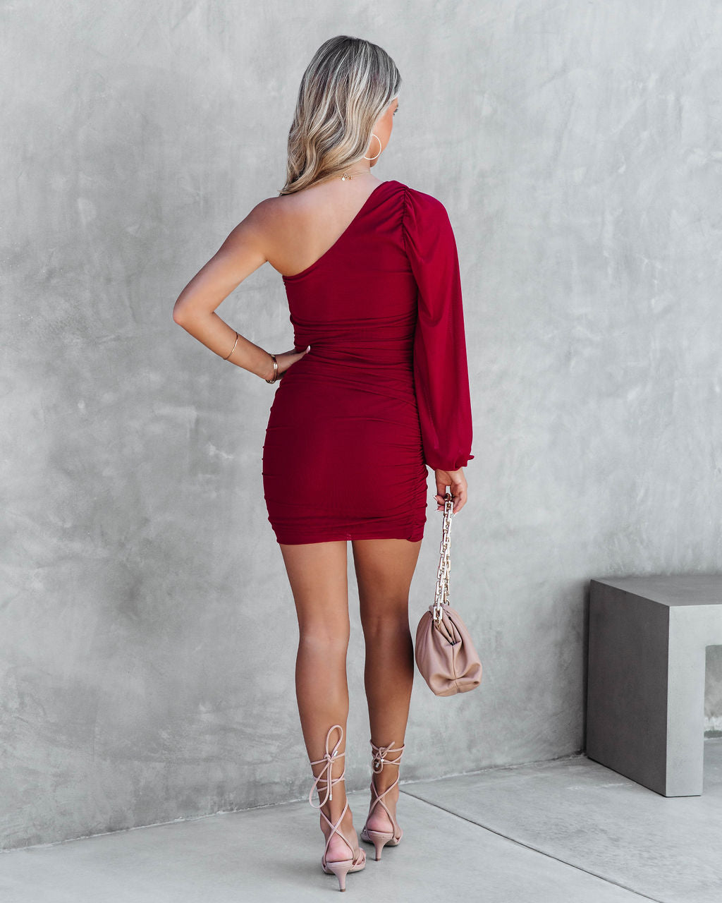 Feisty One Sheer Ruched Mini Dress - Burgundy - FINAL SALE