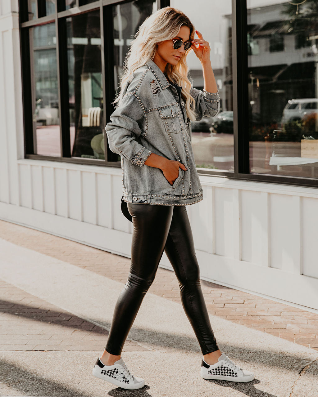 Kind Of A Big Deal Pocketed Studded Denim Jacket - Light Wash