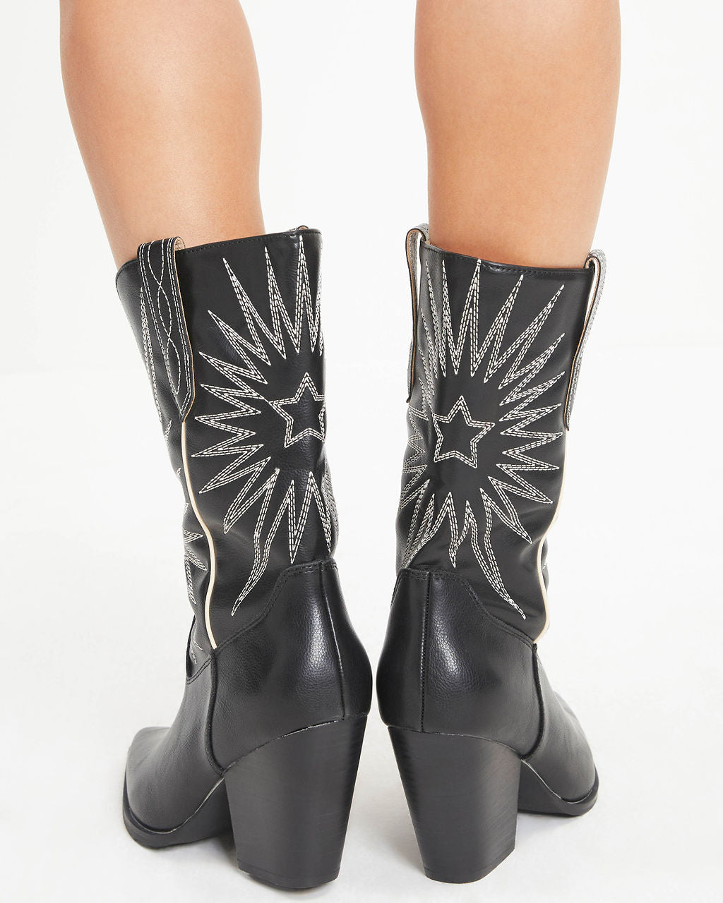 Liya Embroidered Heeled Western Boot - Black
