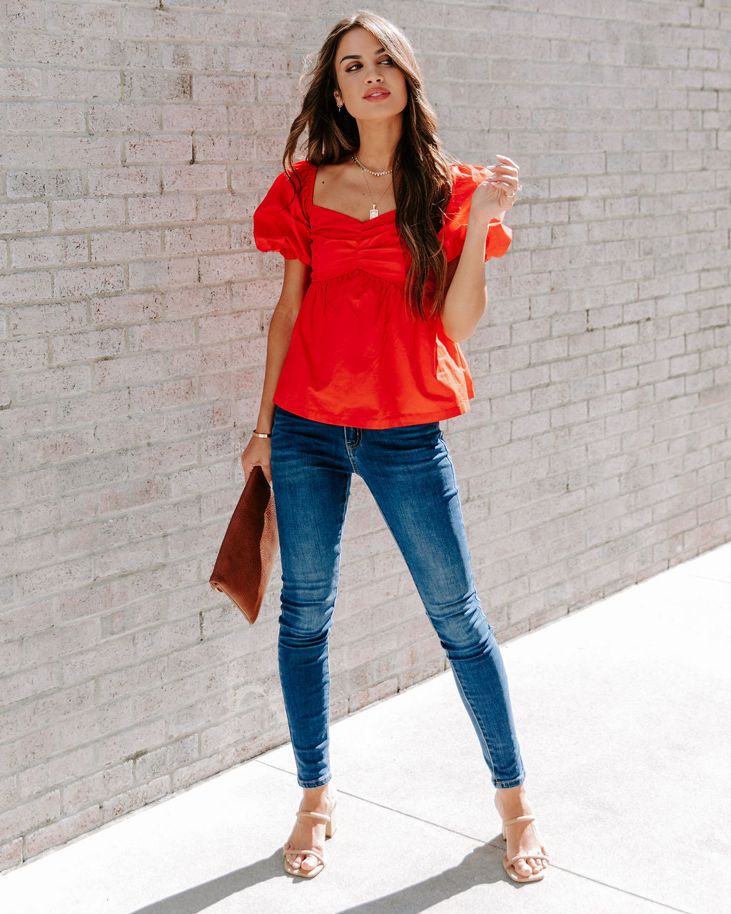 Carley Cotton Puff Sleeve Peplum Top - Red - SALE