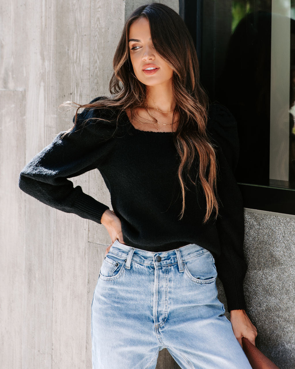 Arianna Knit Puff Sleeve Sweater - Black