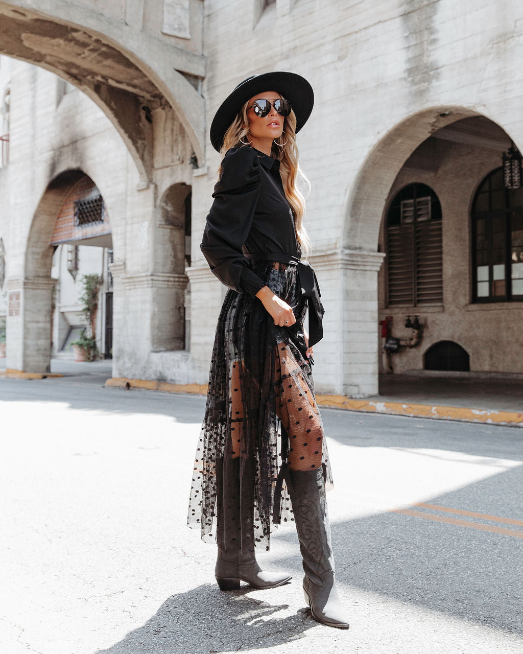 Normandy Polka Dot Mesh Midi Dress - Black