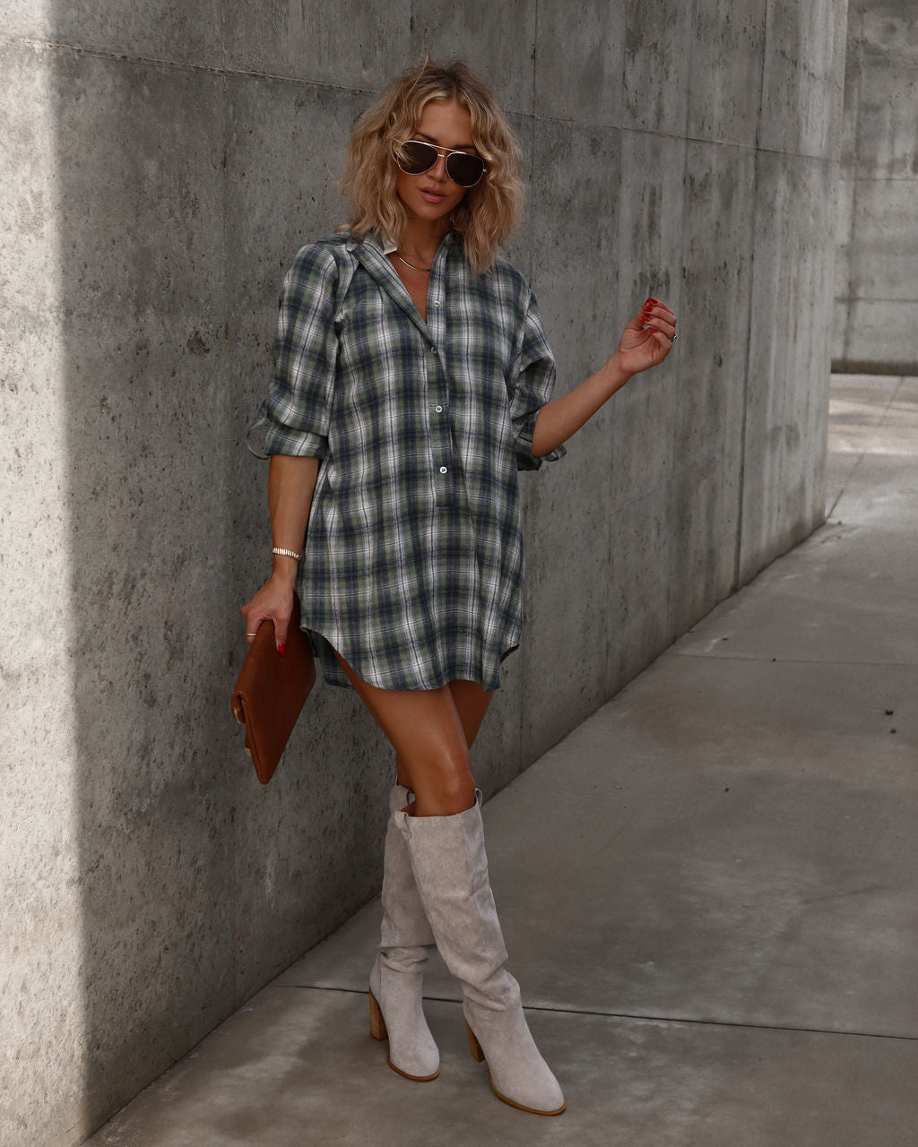 Averie Plaid Pocketed Shirt Dress - Green