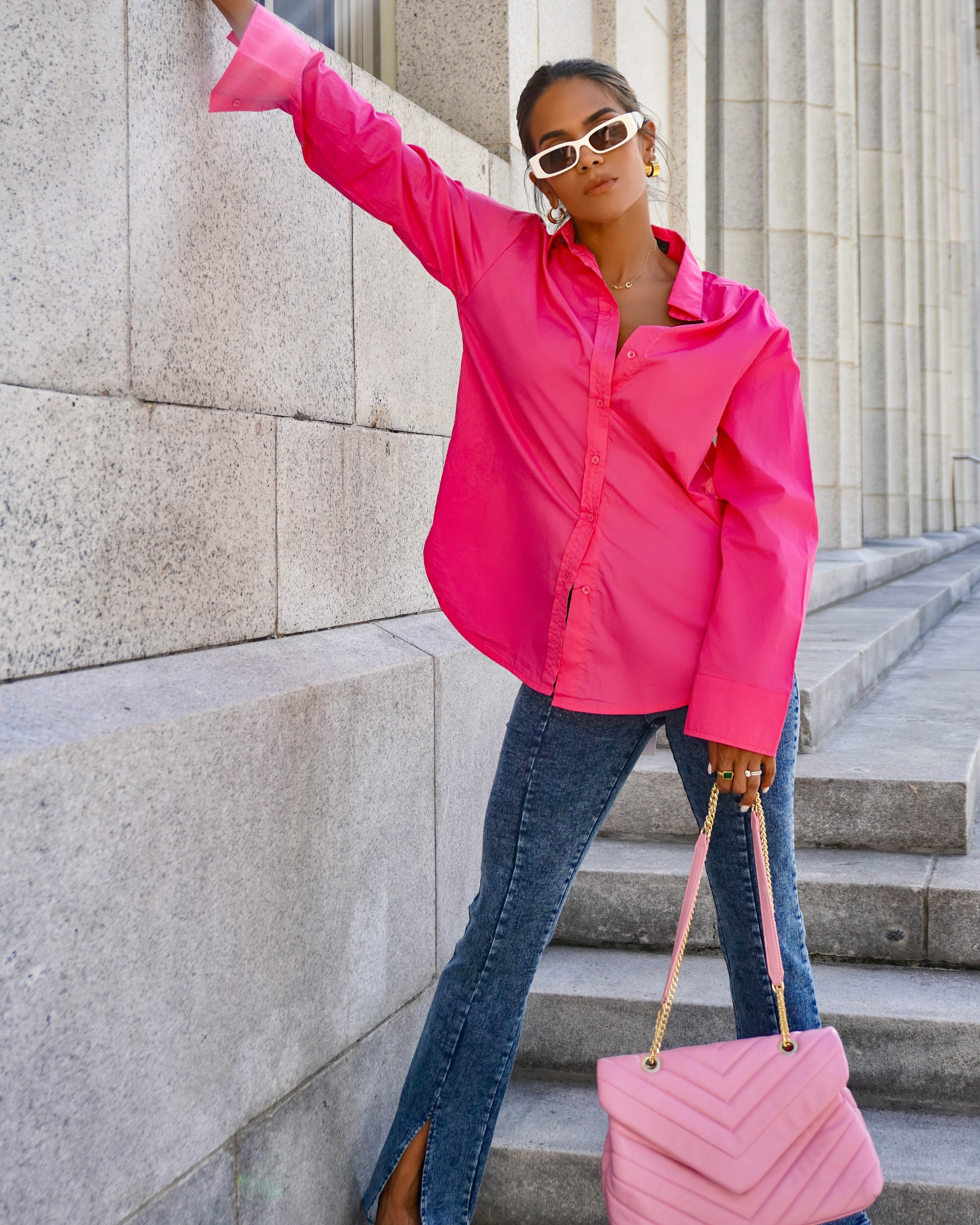 Leslie Button Up Cotton Top - Hot Pink - FINAL SALE