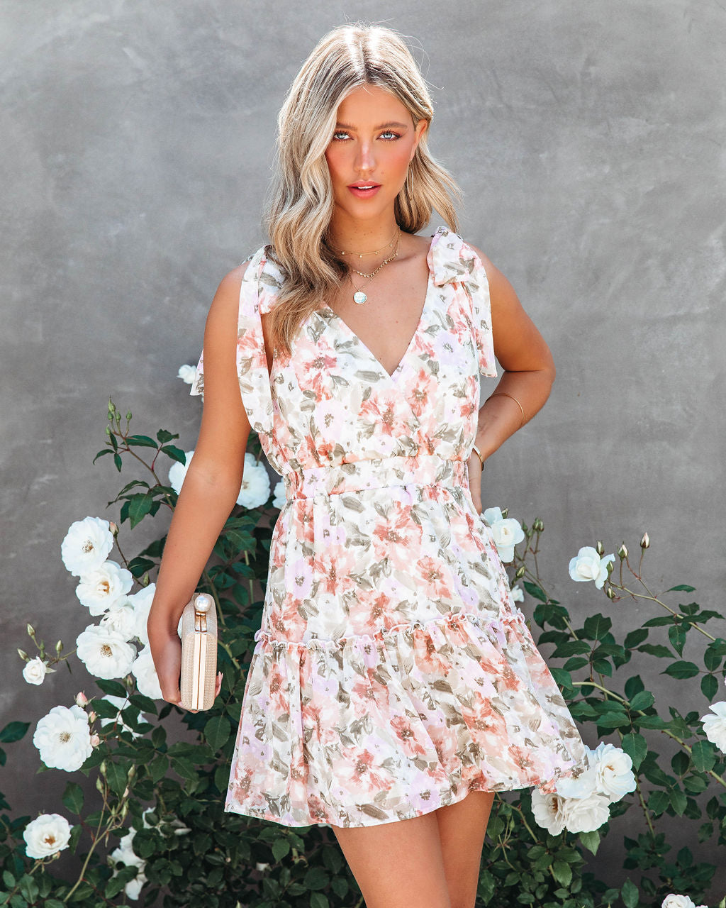 Brixley Floral Swiss Dot Tie Strap Babydoll Dress - Lilac Apricot - FINAL SALE