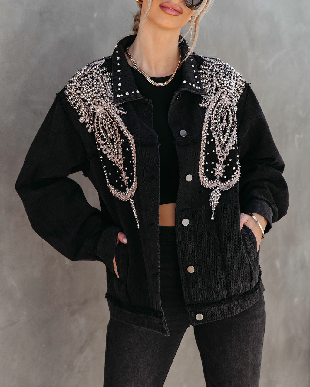 PREORDER - Glam Rodeo Pocketed Studded Embroidered Jacket - Black