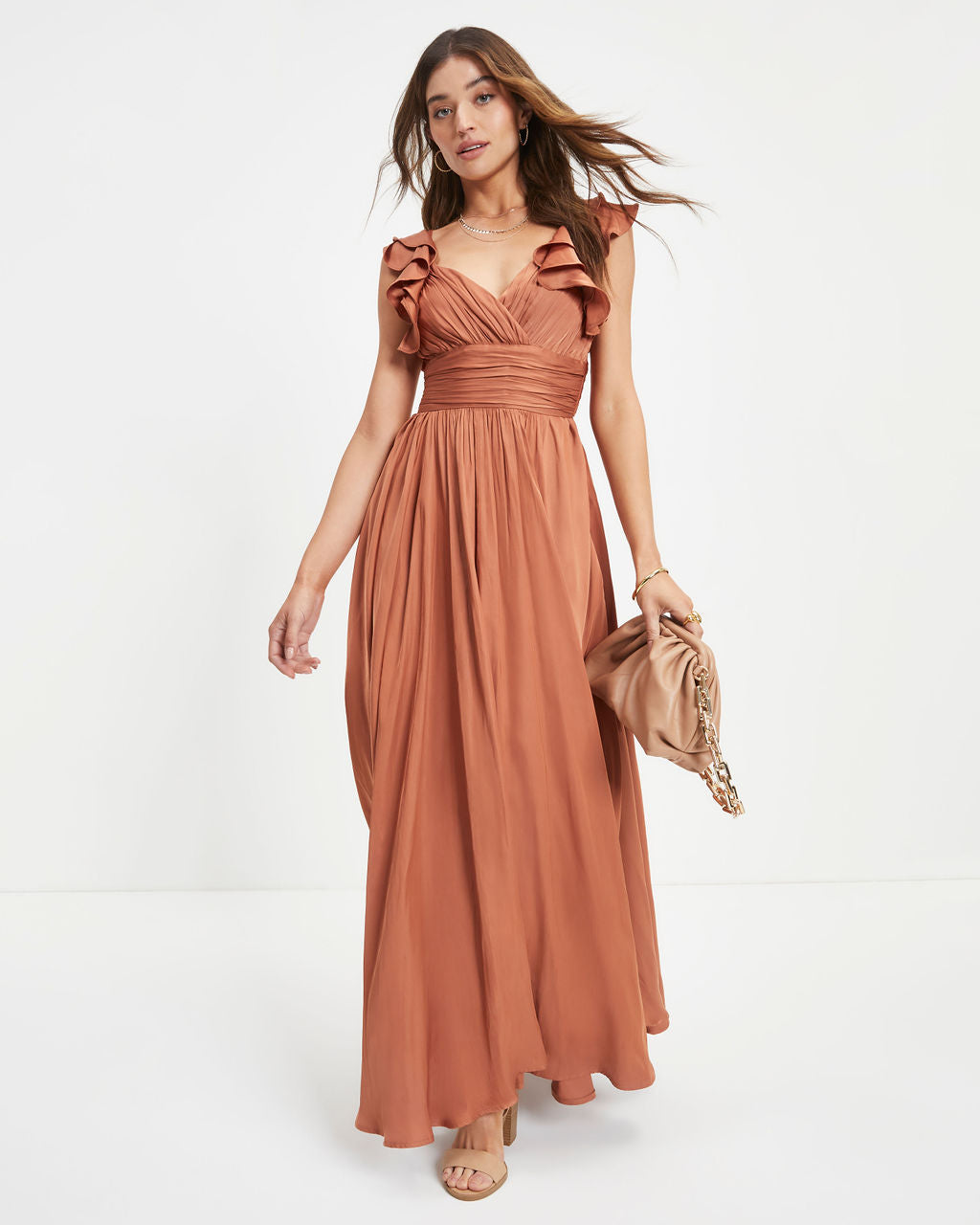 First Class Satin Ruffle Cutout Maxi Dress - Dusty Rust