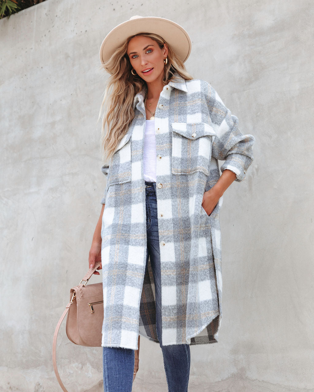 Coffee Shop Strolls Pocketed Plaid Button Down Coat - SALE