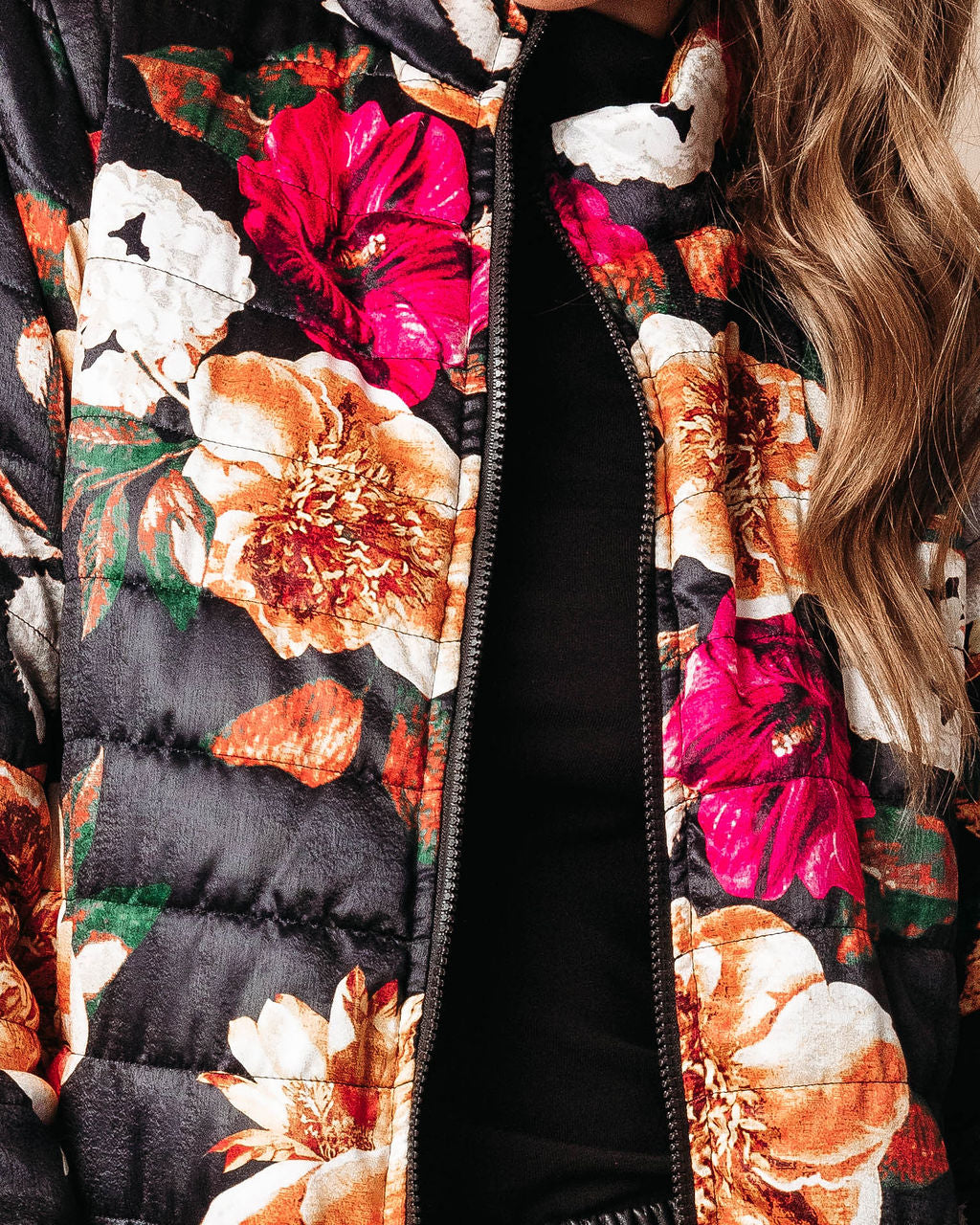 Stefani Floral Pocketed Quilted Jacket - Black