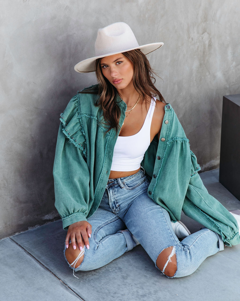 Darcey Denim Studded Frayed Lightweight Jacket - Jade Green - SALE