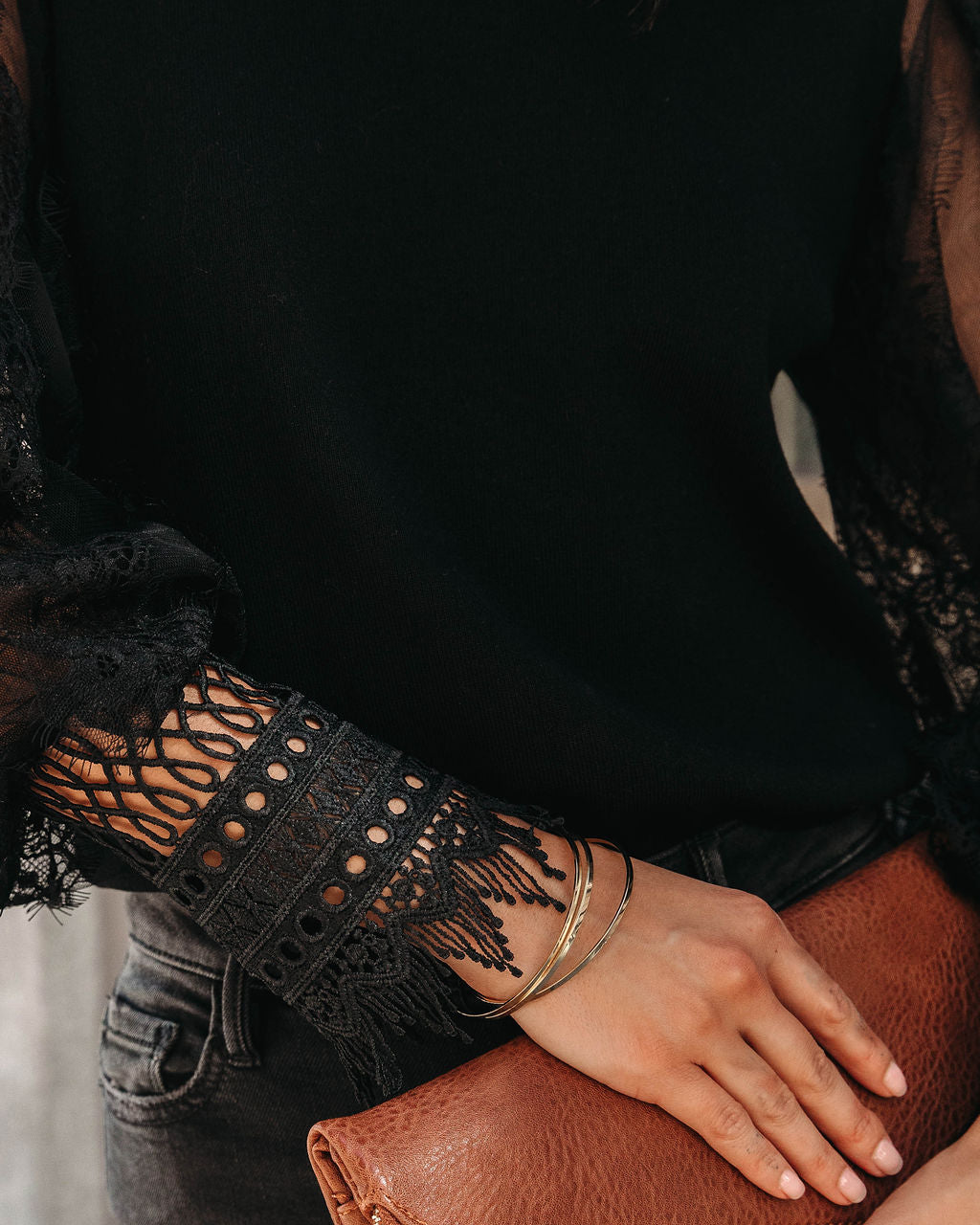 Before The Dawn Lace Sleeve Sweater - Black