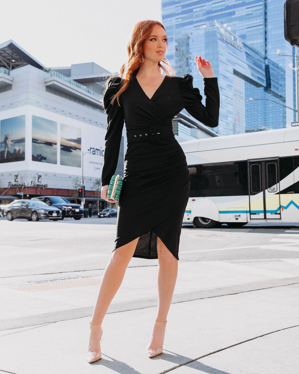 Certified Socialite Draped Puff Sleeve Belted Midi Dress - Black