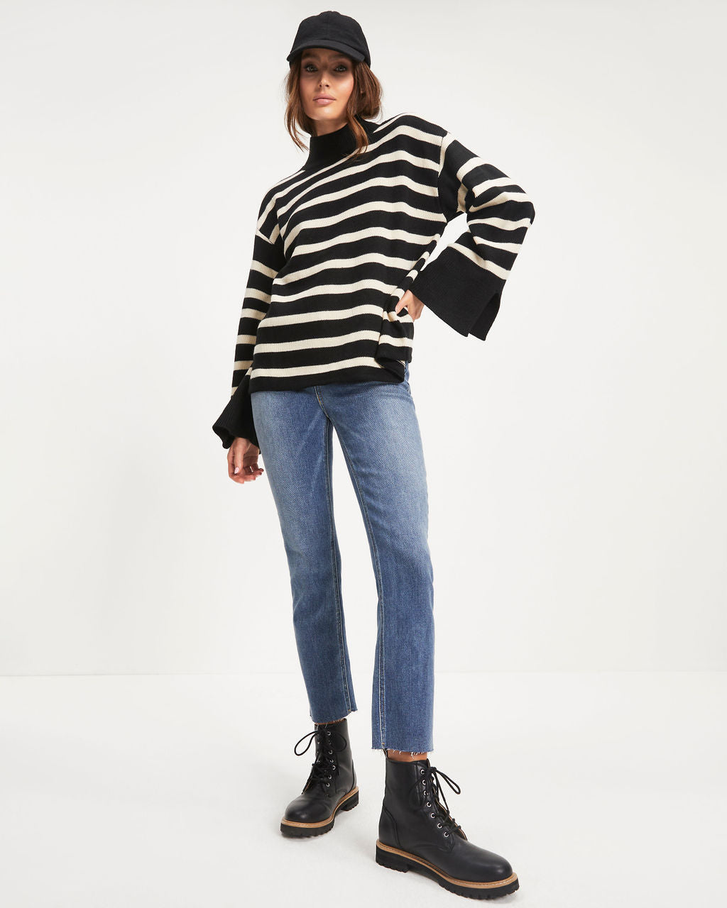 Torres Striped Mock Neck Knit Sweater - Black
