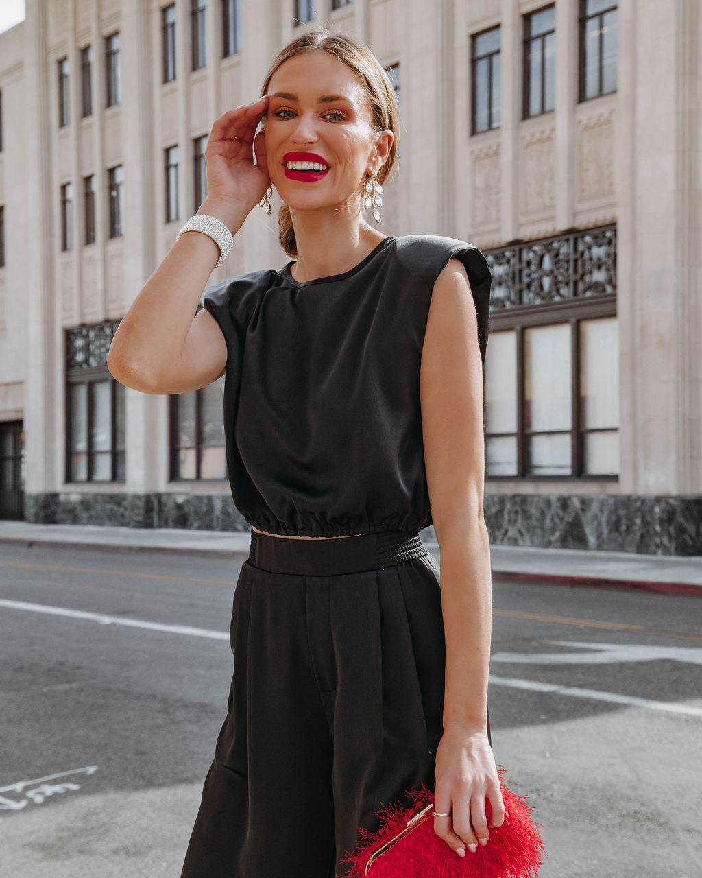 Hartford Satin Padded Shoulder Crop Top - Black
