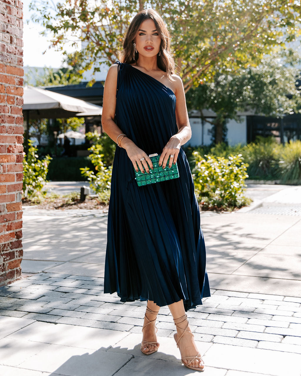 Melina Satin One Shoulder Pleated Midi Dress - Navy