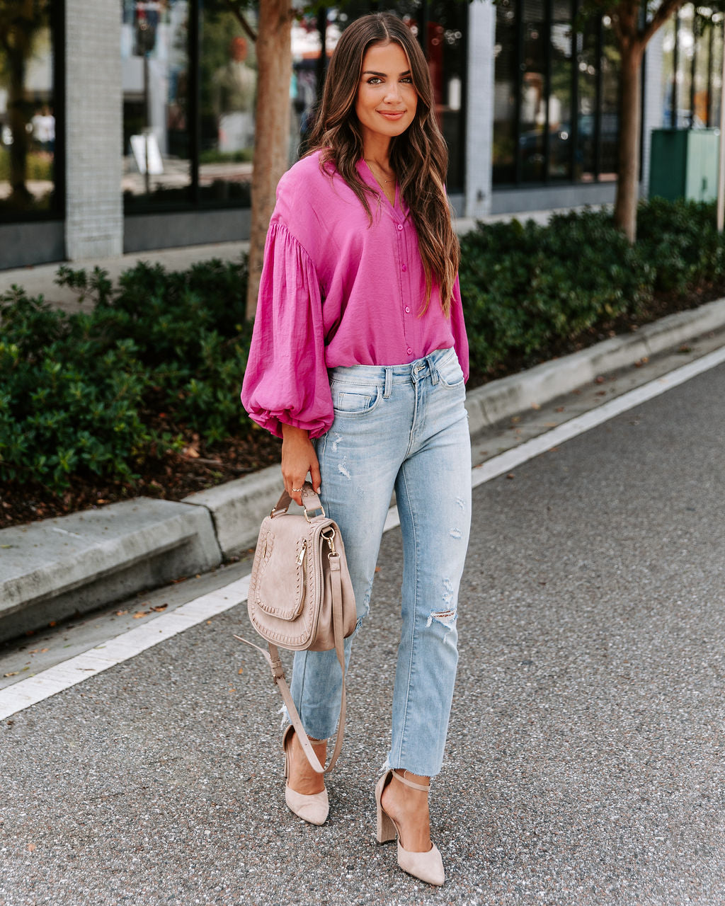 Asher Balloon Sleeve Button Down Top - Magenta - SALE