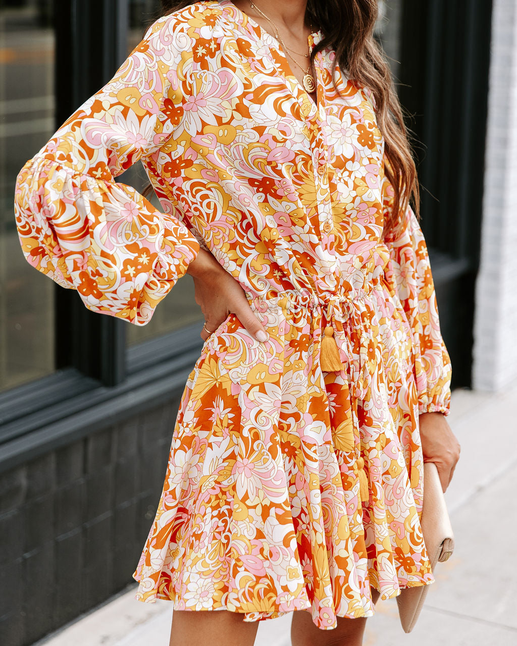 Groovy Doll Floral Adjustable Balloon Sleeve Dress