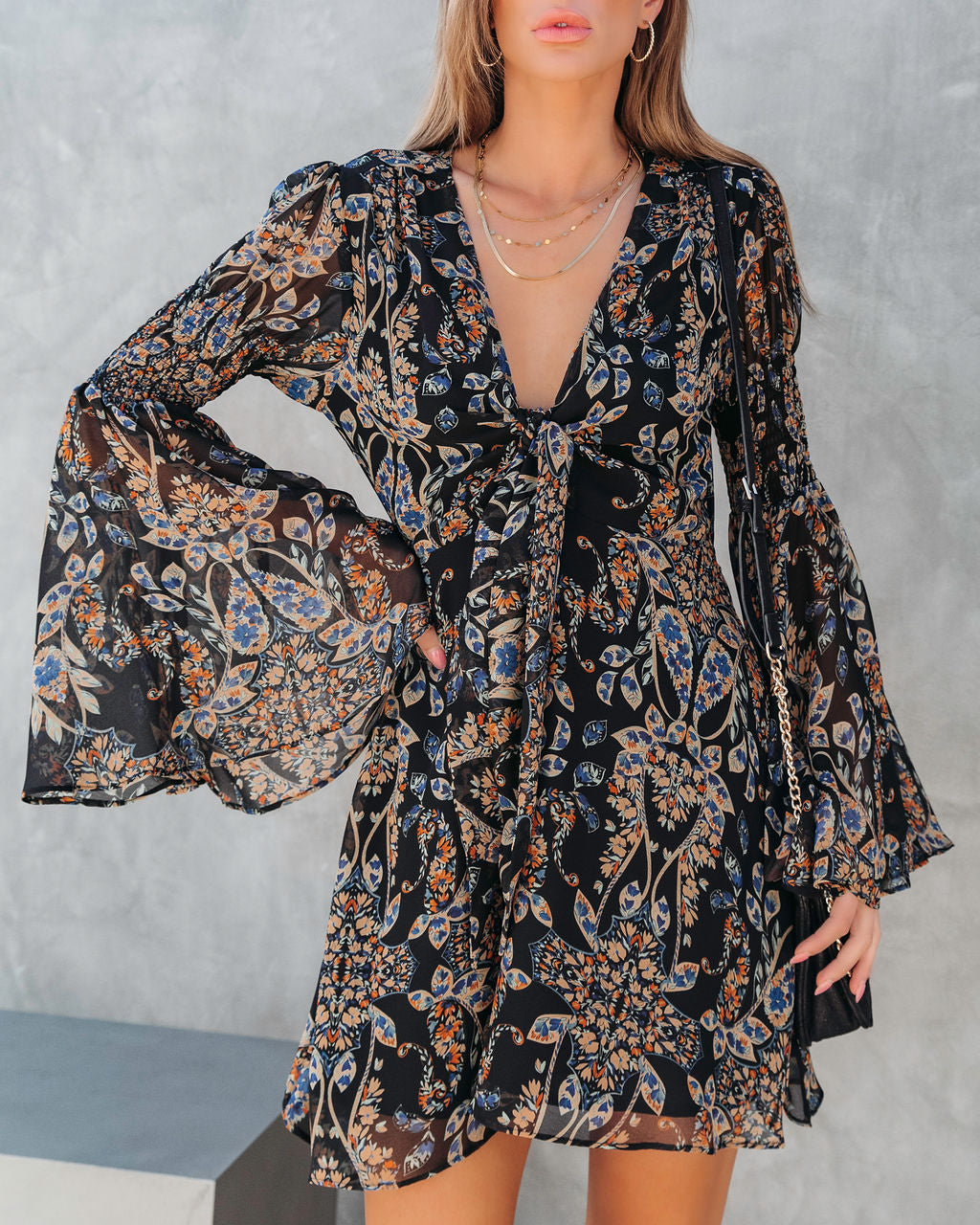 Shady Grove Printed Bell Sleeve Mini Dress
