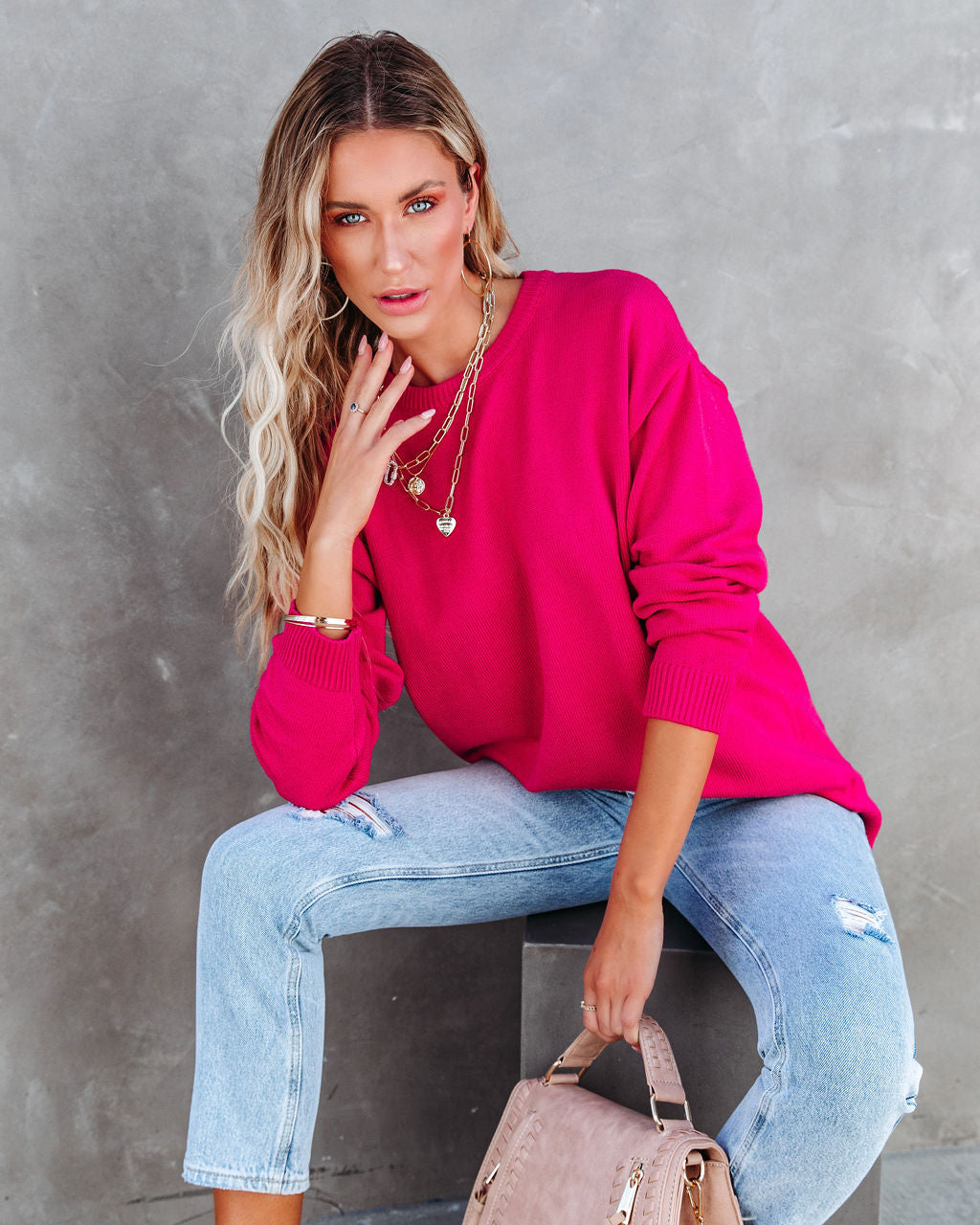 Korey Knit Oversized Pullover Sweater - Bright Pink