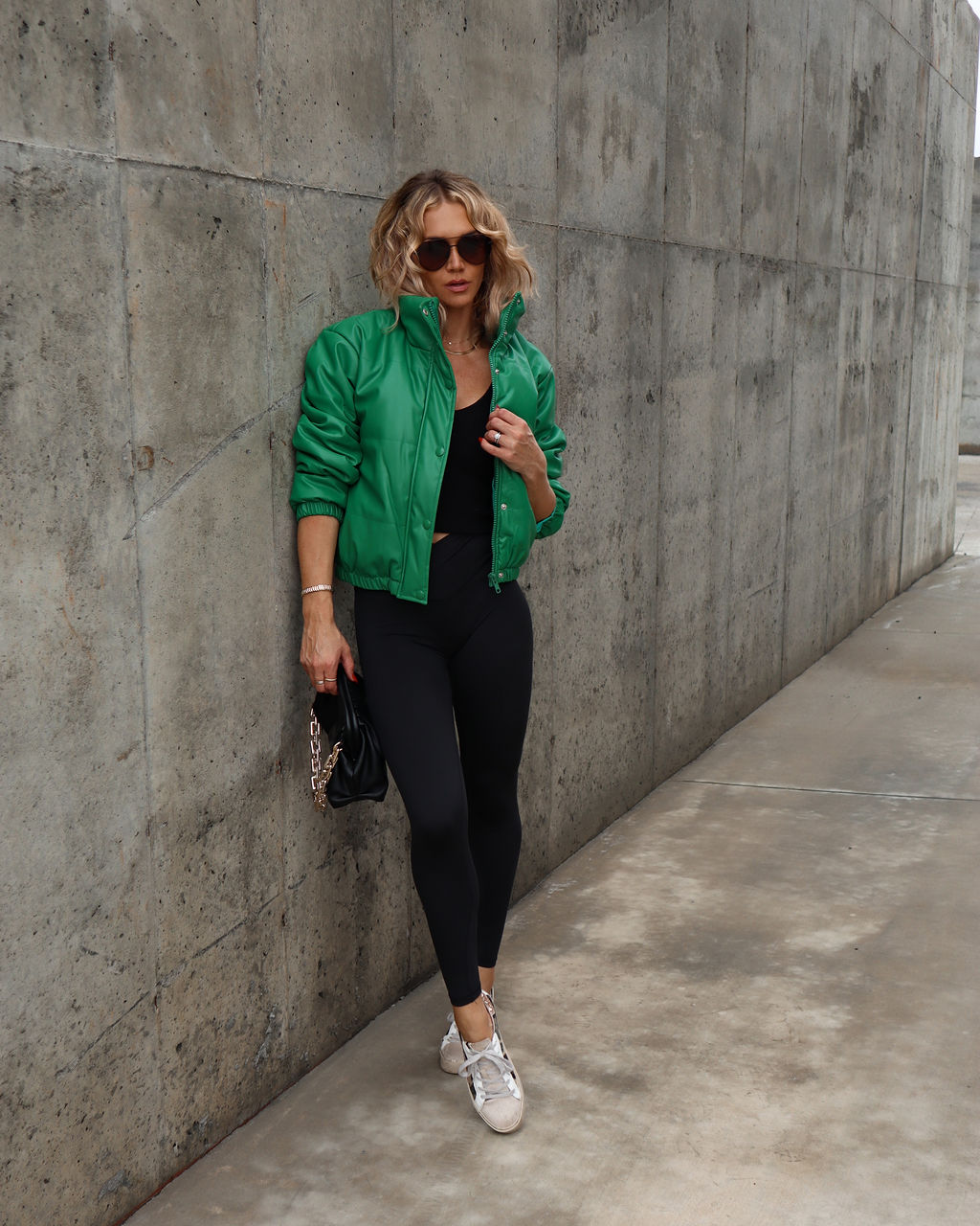 Apres Chic Pocketed Faux Leather Puff Jacket - Kelly Green