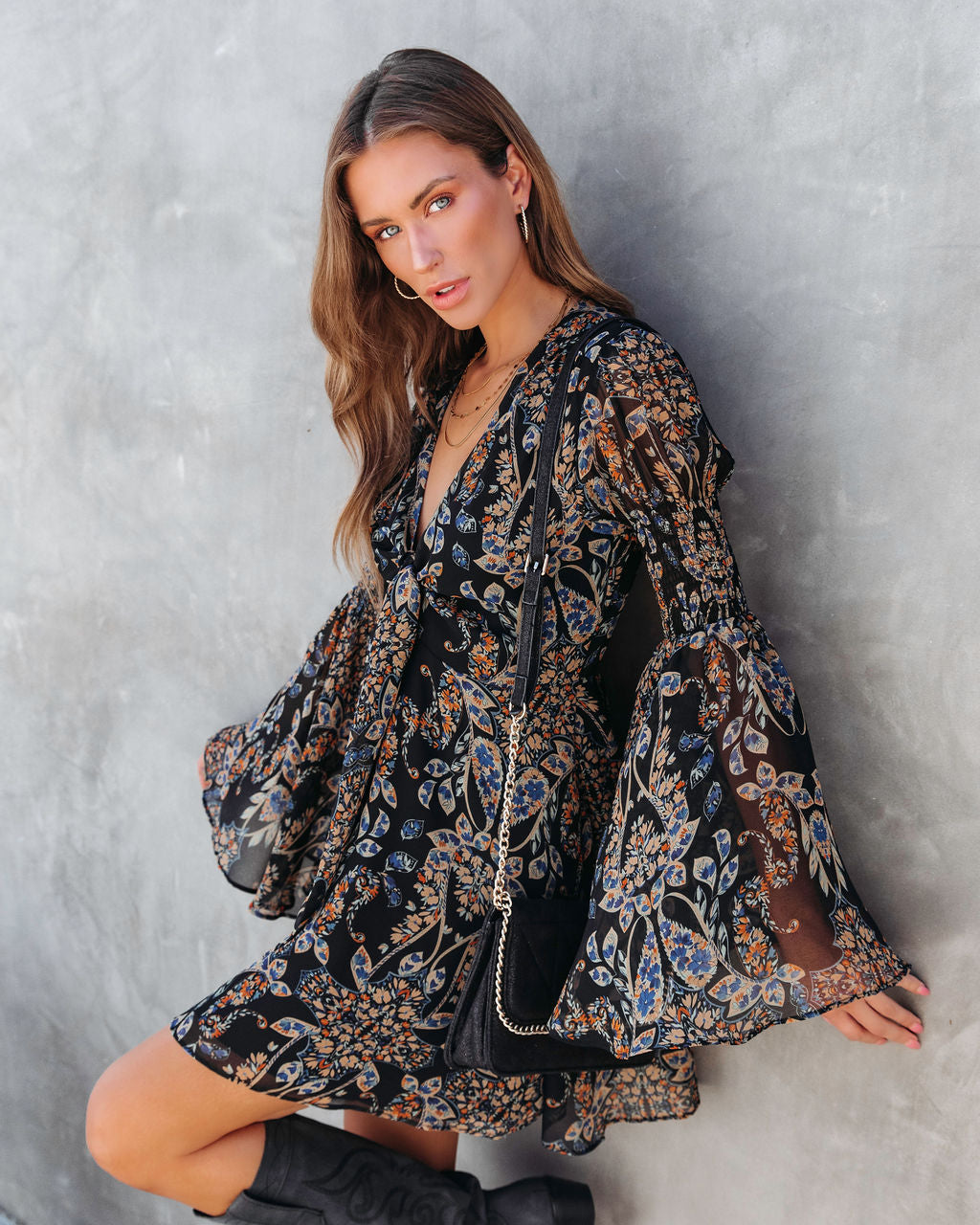 Shady Grove Printed Bell Sleeve Mini Dress