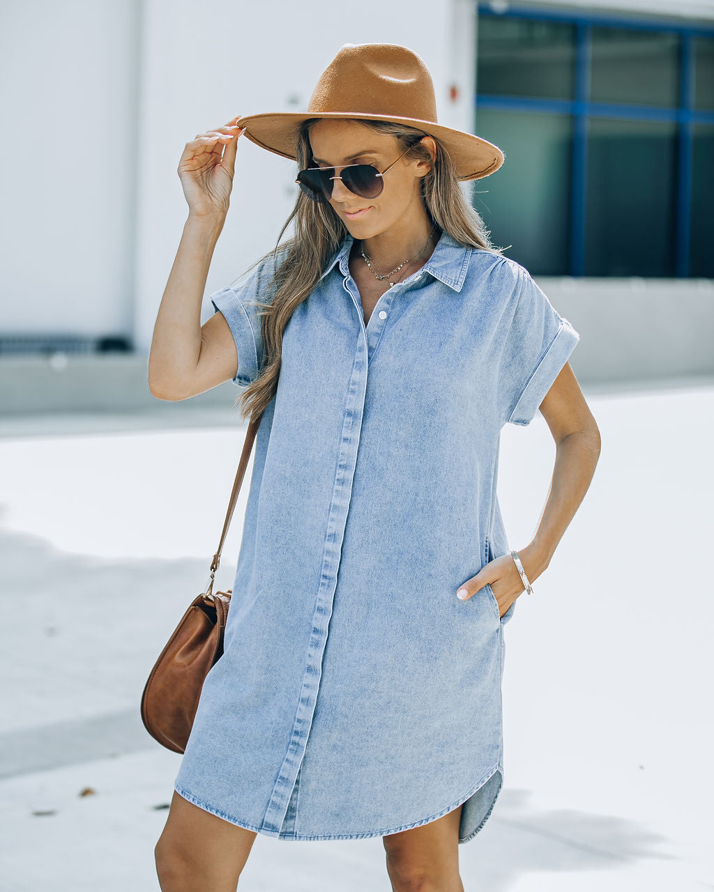 Chelsea Pocketed Denim Button Down Shirt Dress