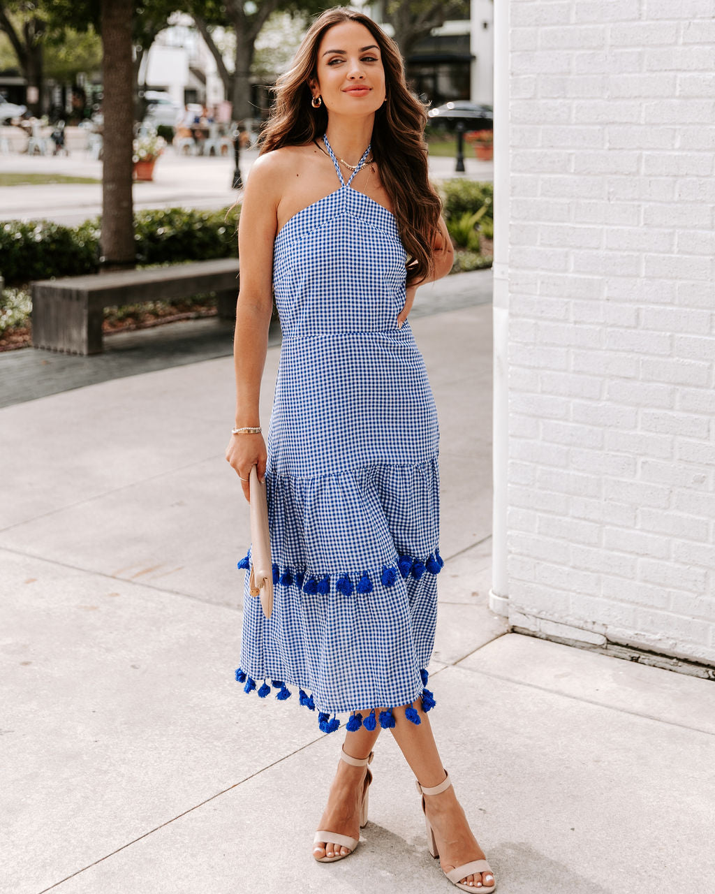 Pom Cotton Gingham Halter Midi Dress - Blue - SALE