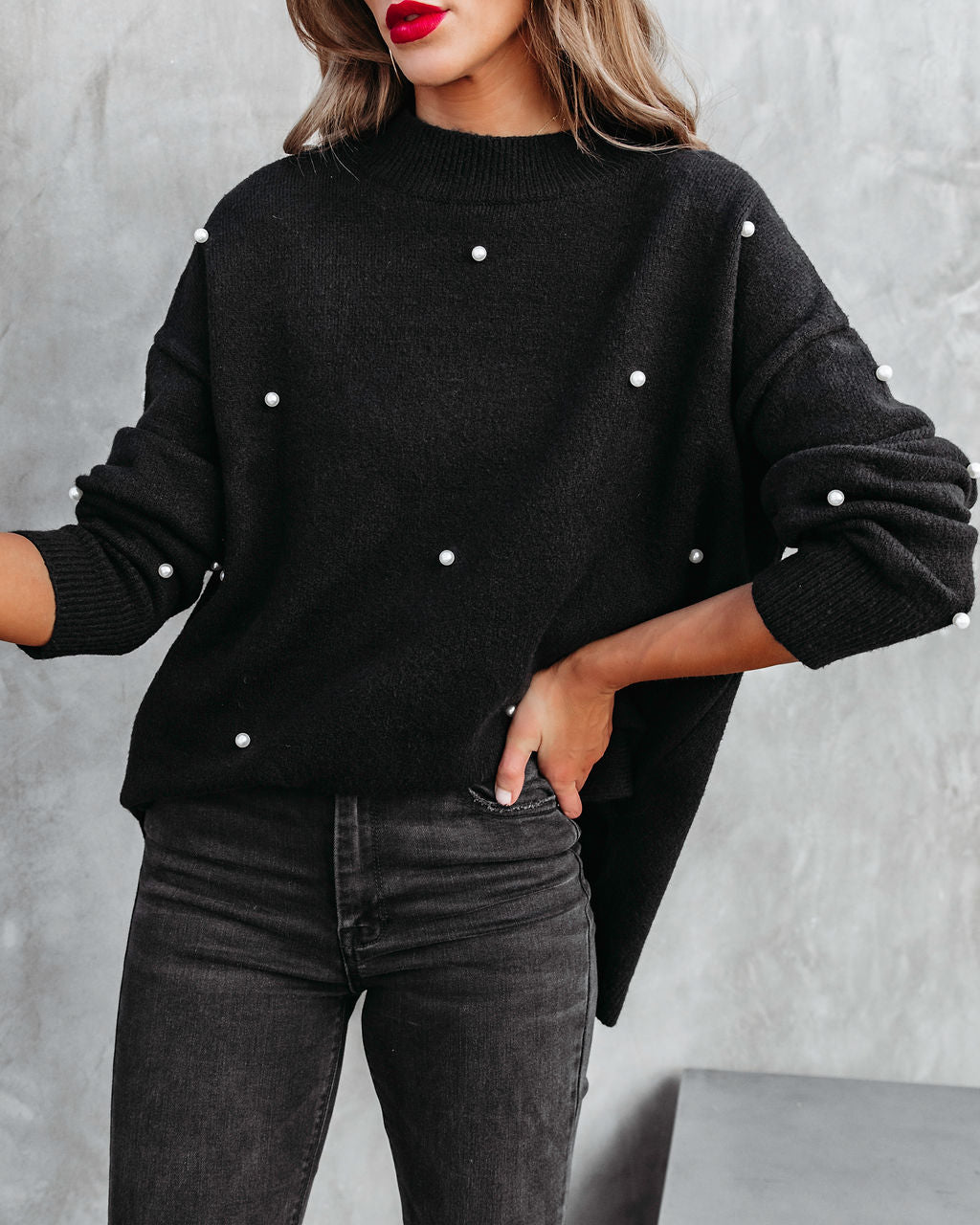 Lady Like Pearl Embellished Knit Pullover Sweater