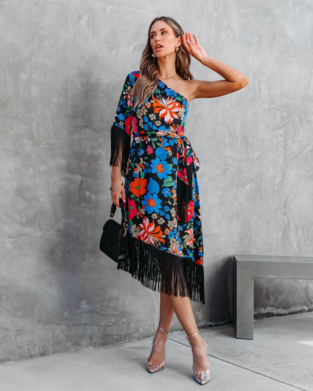 Rosalia Floral One Shoulder Fringe Midi Dress