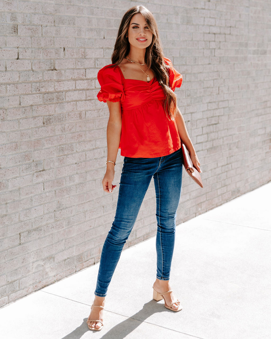 Carley Cotton Puff Sleeve Peplum Top - Red - SALE