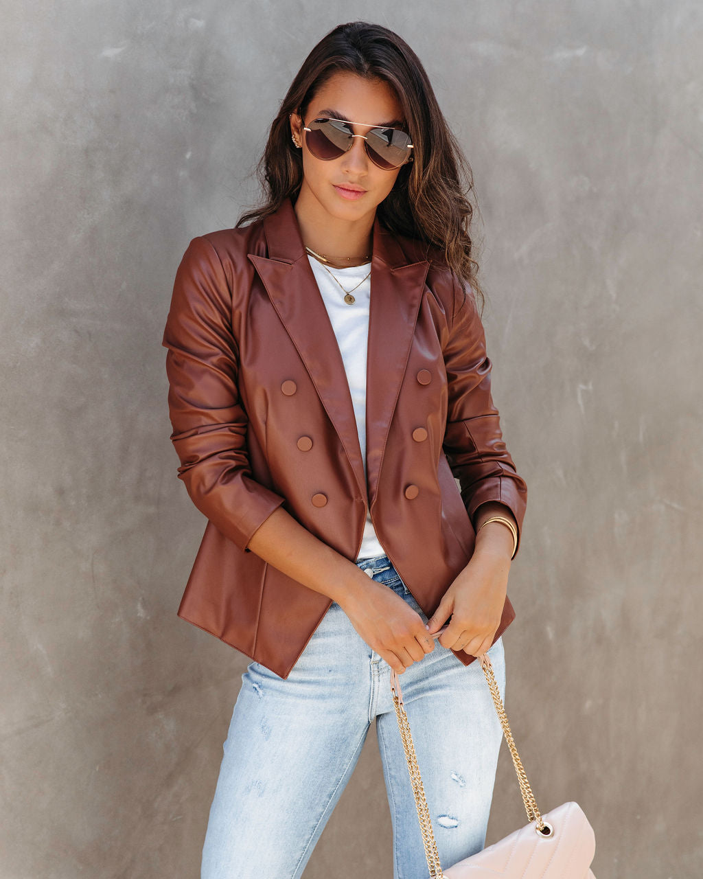 Angelique Faux Leather Blazer - Chestnut