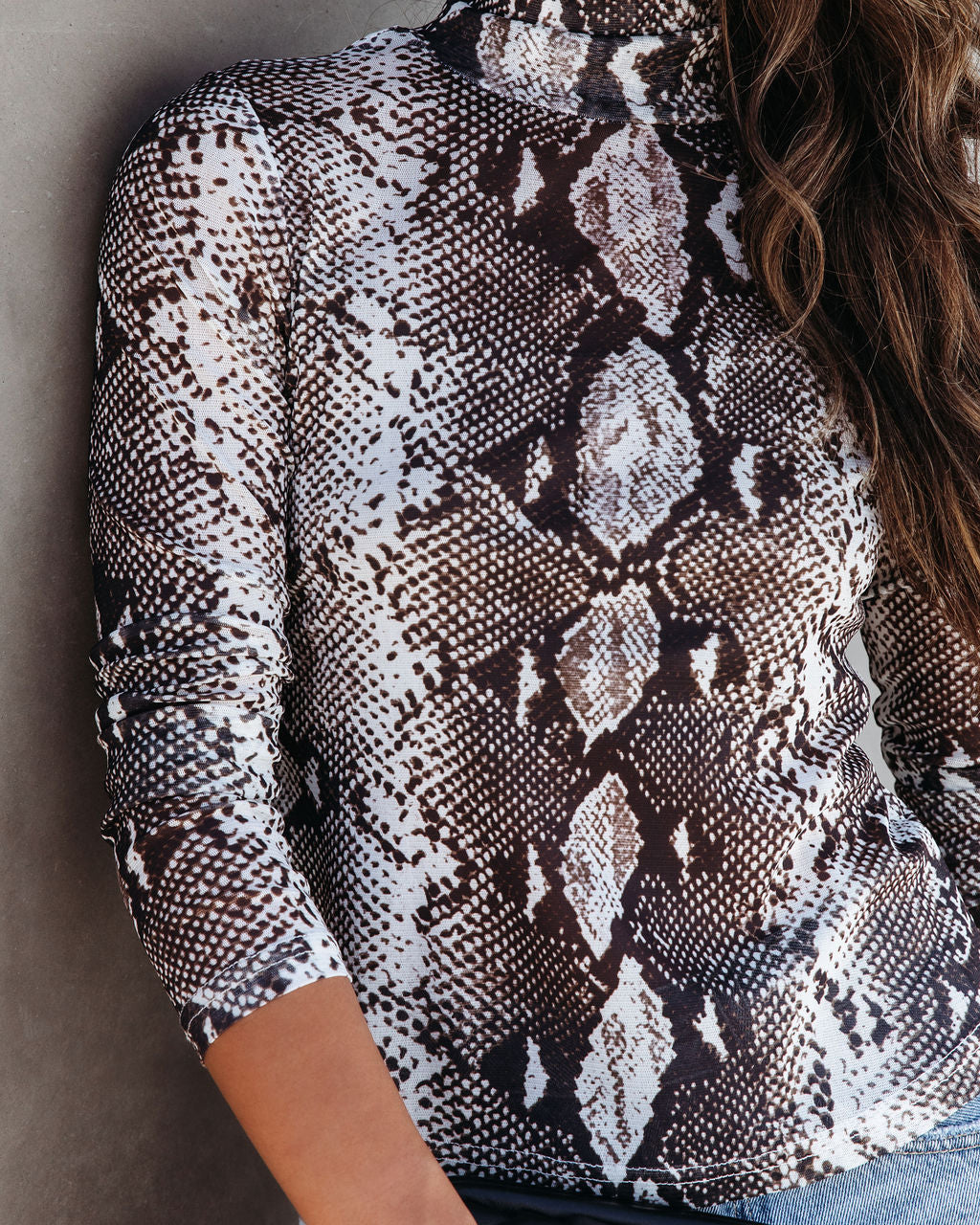 Serpentine Snake Print Sheer Turtleneck Top - Grey - SALE