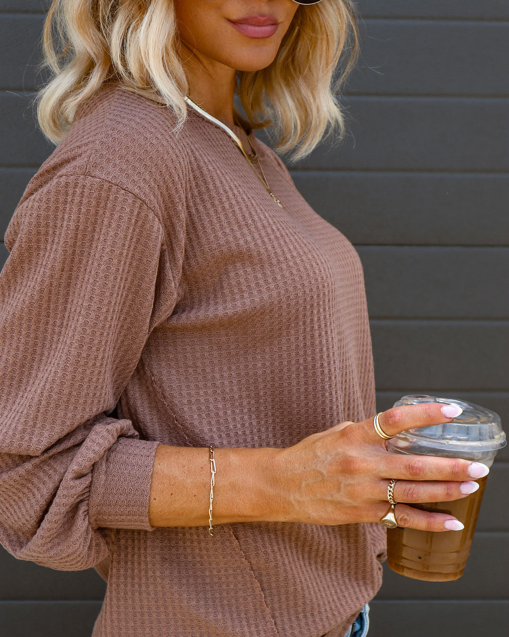 Forest Adventures Waffle Knit Oversized Top - Mocha