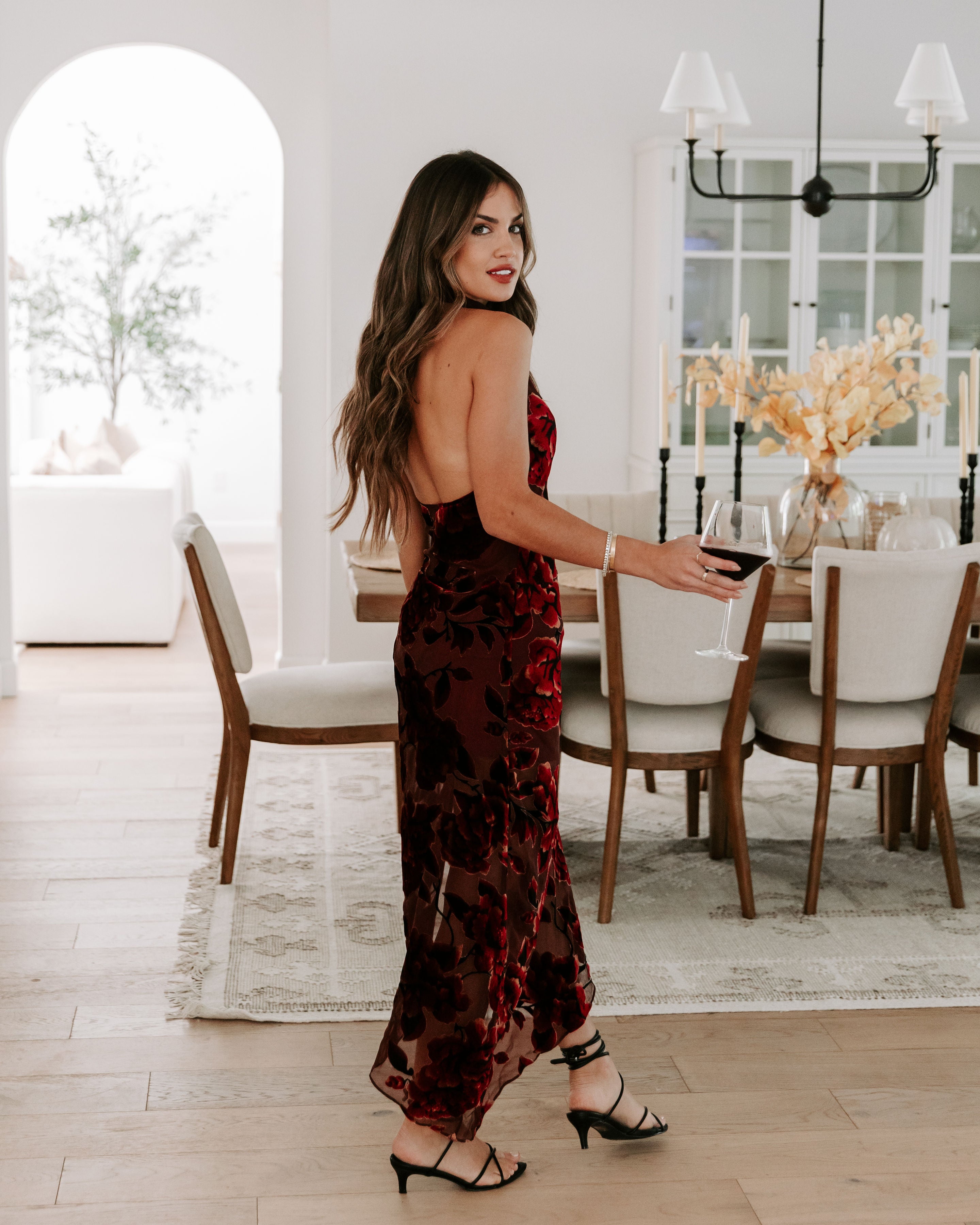 Like Fine Wine Asymmetrical Halter Burnout Velvet Midi Dress - Burgundy