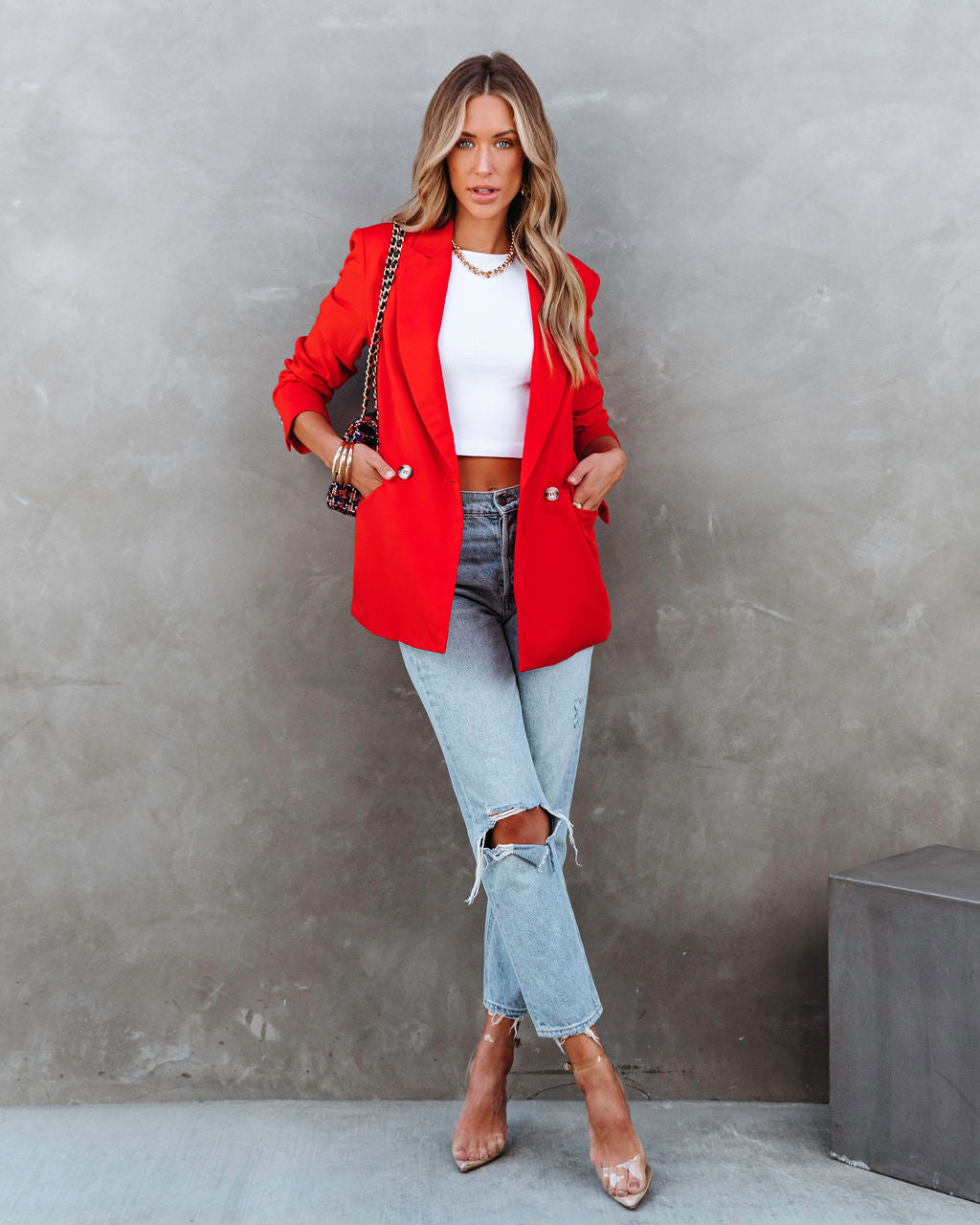 Angelita Pocketed Blazer - Red